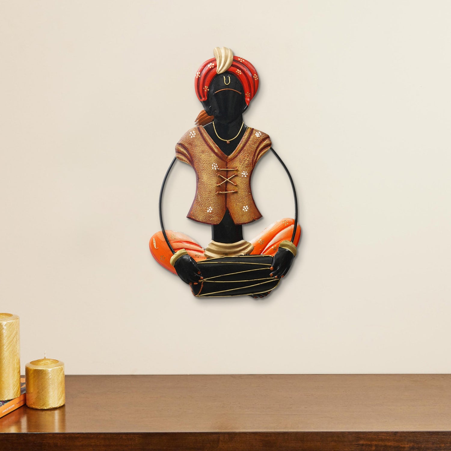 Musician Tribal Man playing Dholak Handcrafted Iron Wall Hanging