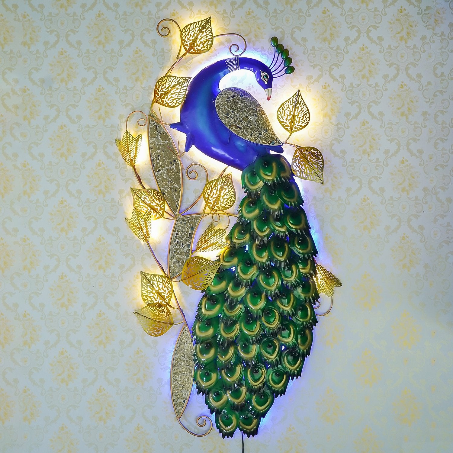 Decorative Colorful Peacock Handcrafted Iron Wall Hanging with background LED's (Blue, Green and Golden)