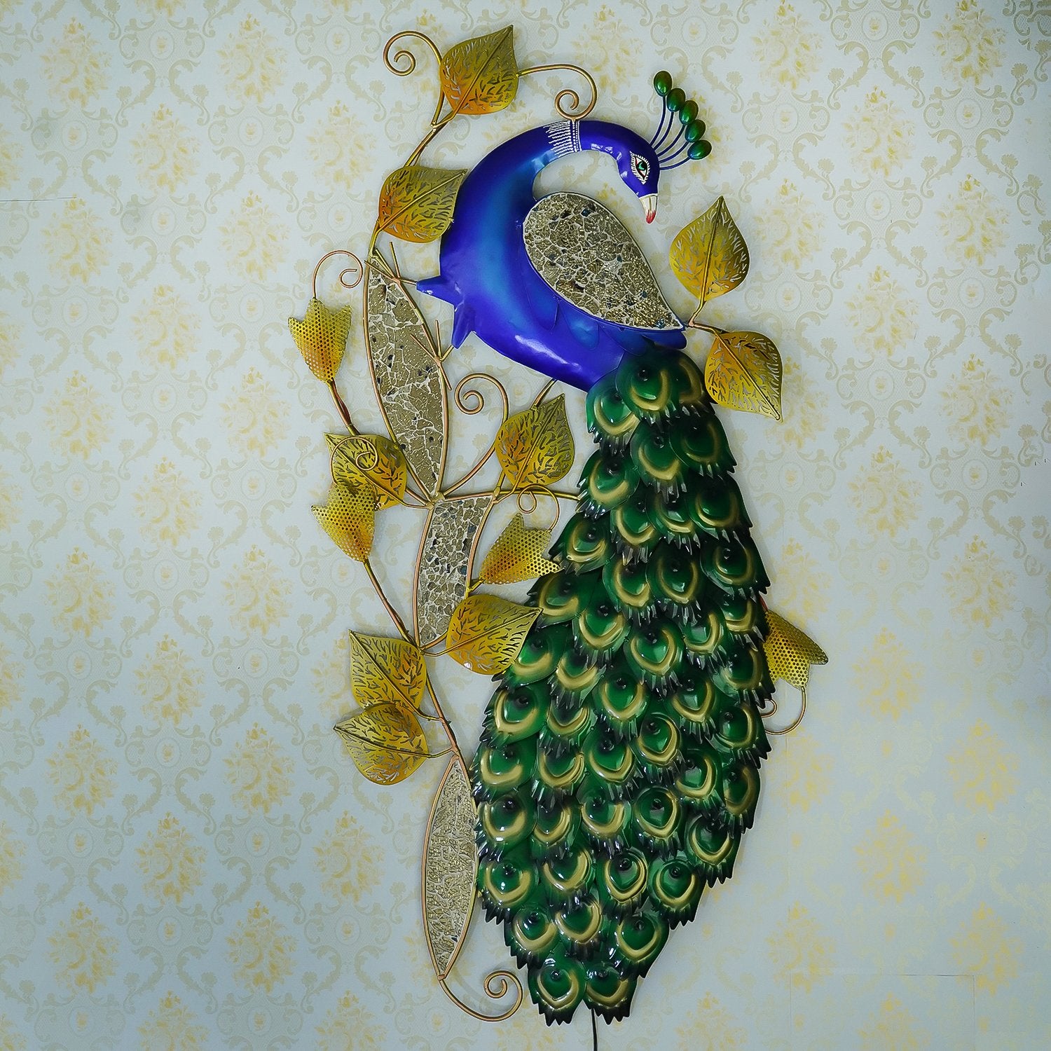 Decorative Colorful Peacock Handcrafted Iron Wall Hanging with background LED's (Blue, Green and Golden) 2