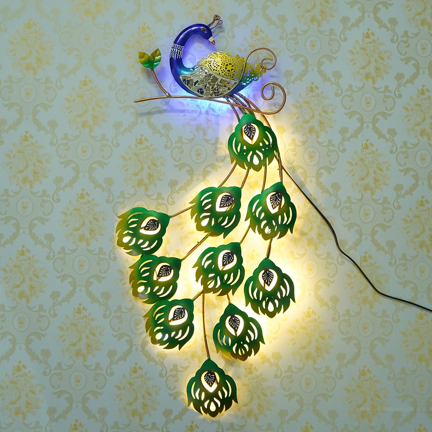 Colorful Dancing Peacock Handcrafted Iron Wall Hanging with background LED's (Blue, Green and Golden) 1