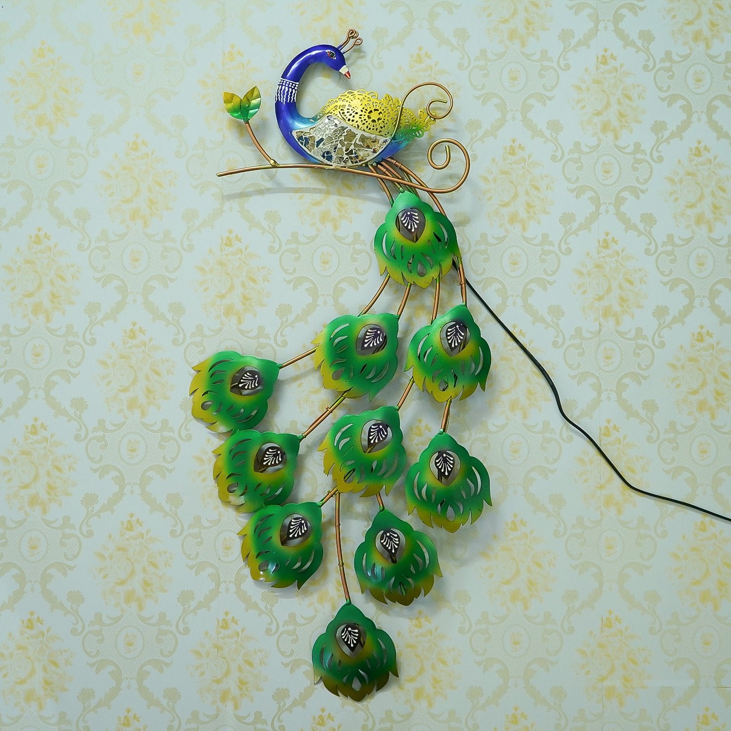 Colorful Dancing Peacock Handcrafted Iron Wall Hanging with background LED's (Blue, Green and Golden)