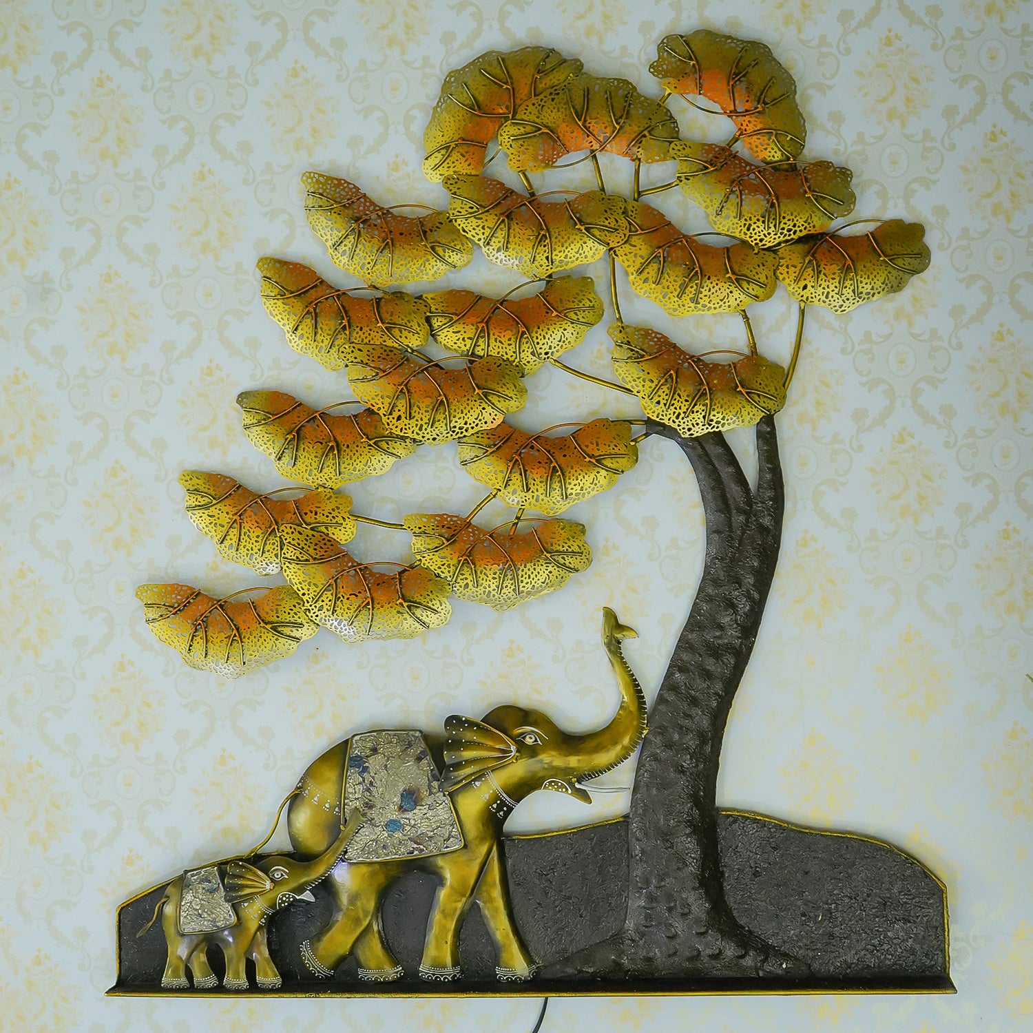 Black and Gold Elephant Family Under Leaves Tree Handcrafted Iron Wall Hanging/Art with background LED's 1