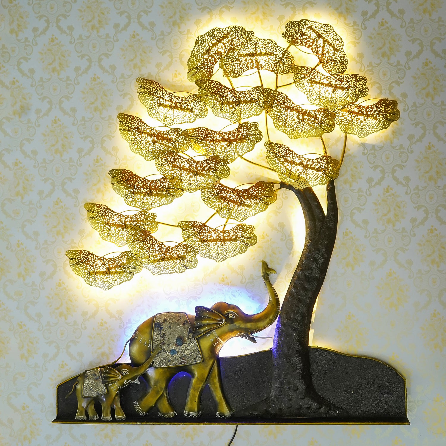 Black and Gold Elephant Family Under Leaves Tree Handcrafted Iron Wall Hanging/Art with background LED's