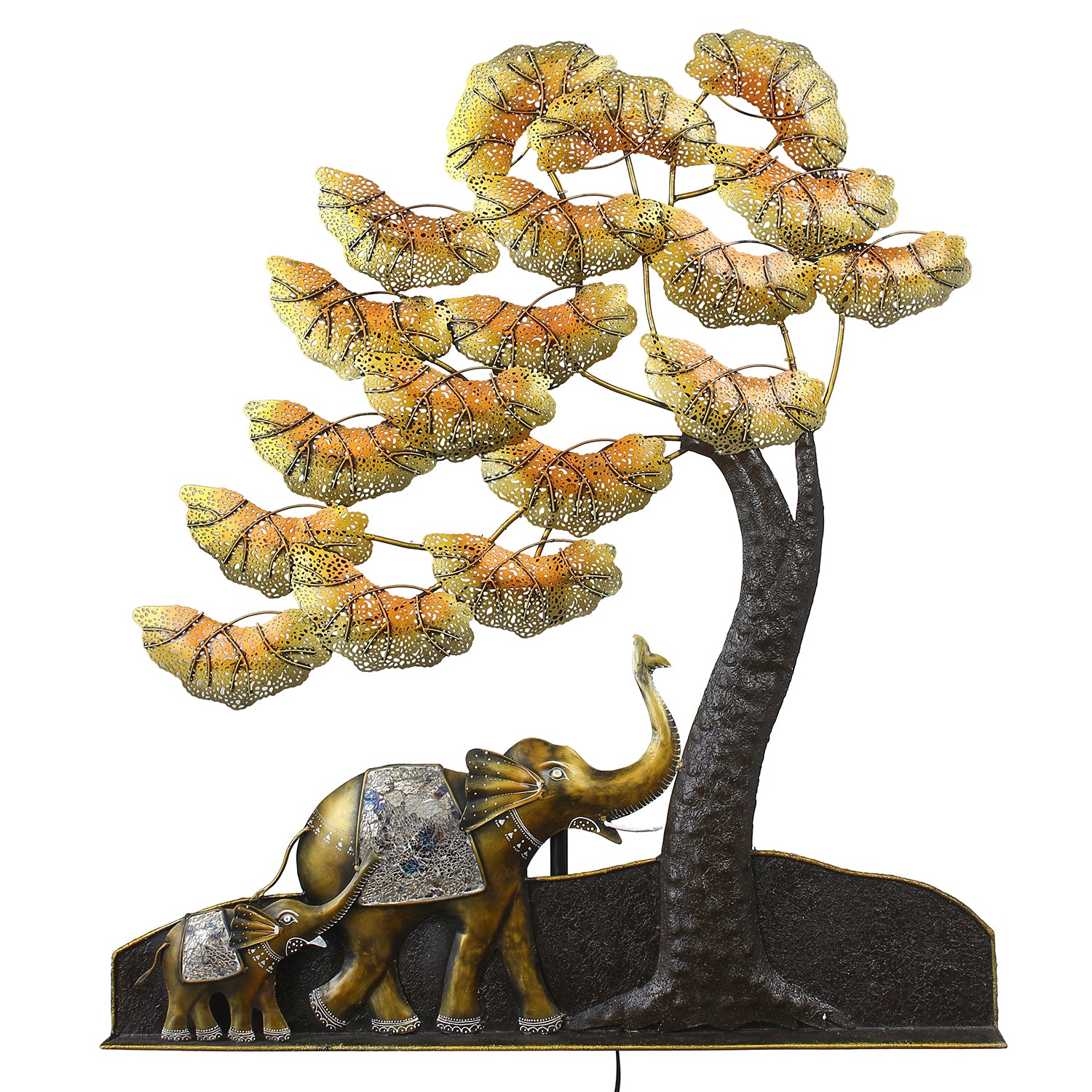 Black and Gold Elephant Family Under Leaves Tree Handcrafted Iron Wall Hanging/Art with background LED's 2