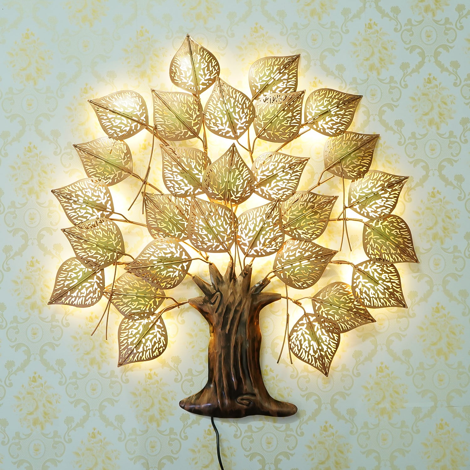 Brown and Golden Leaves Tree Handcrafted Iron Wall Hanging with background LED's