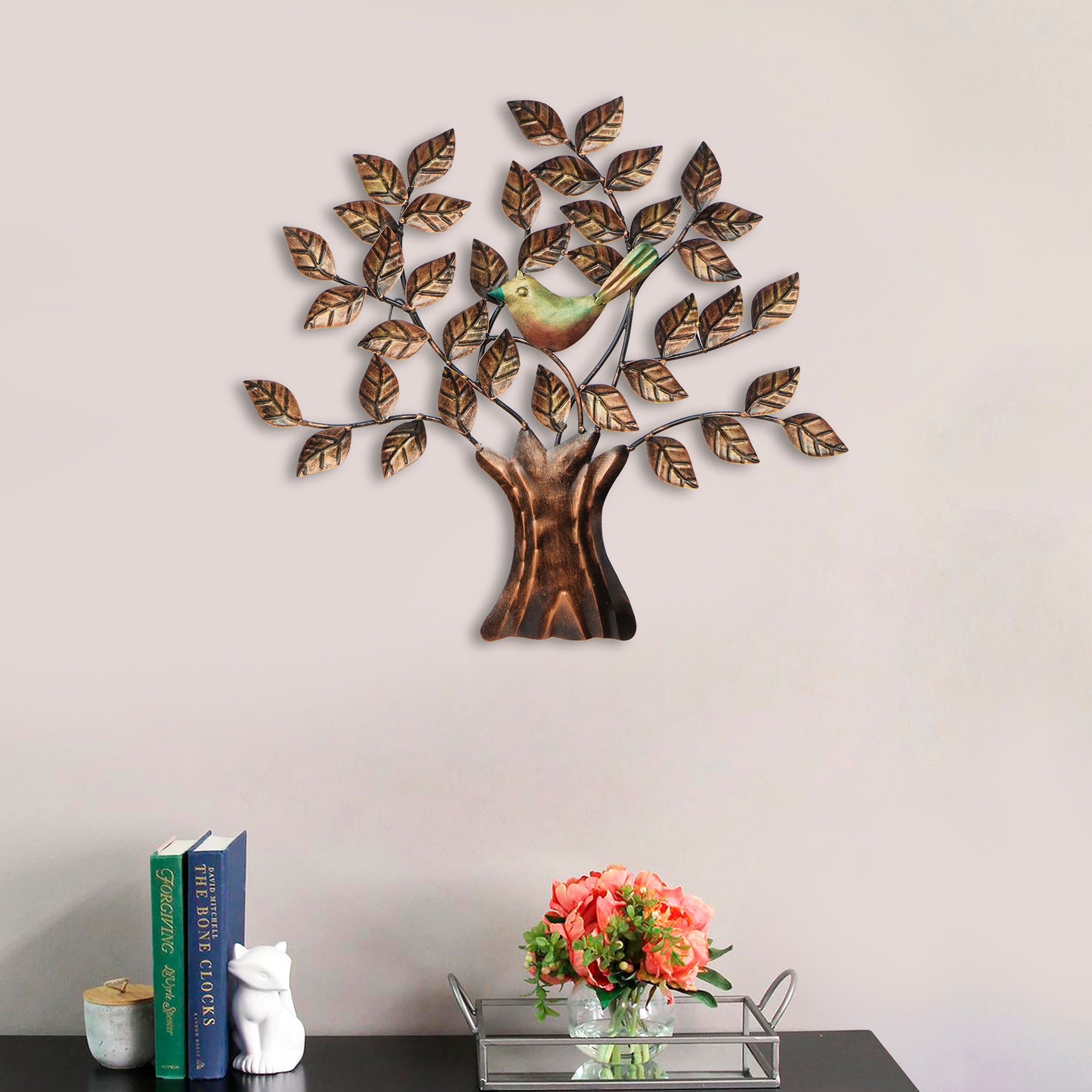 Bird Sitting On Colorful Tree Branch Handicrafted Iron Wall Hanging