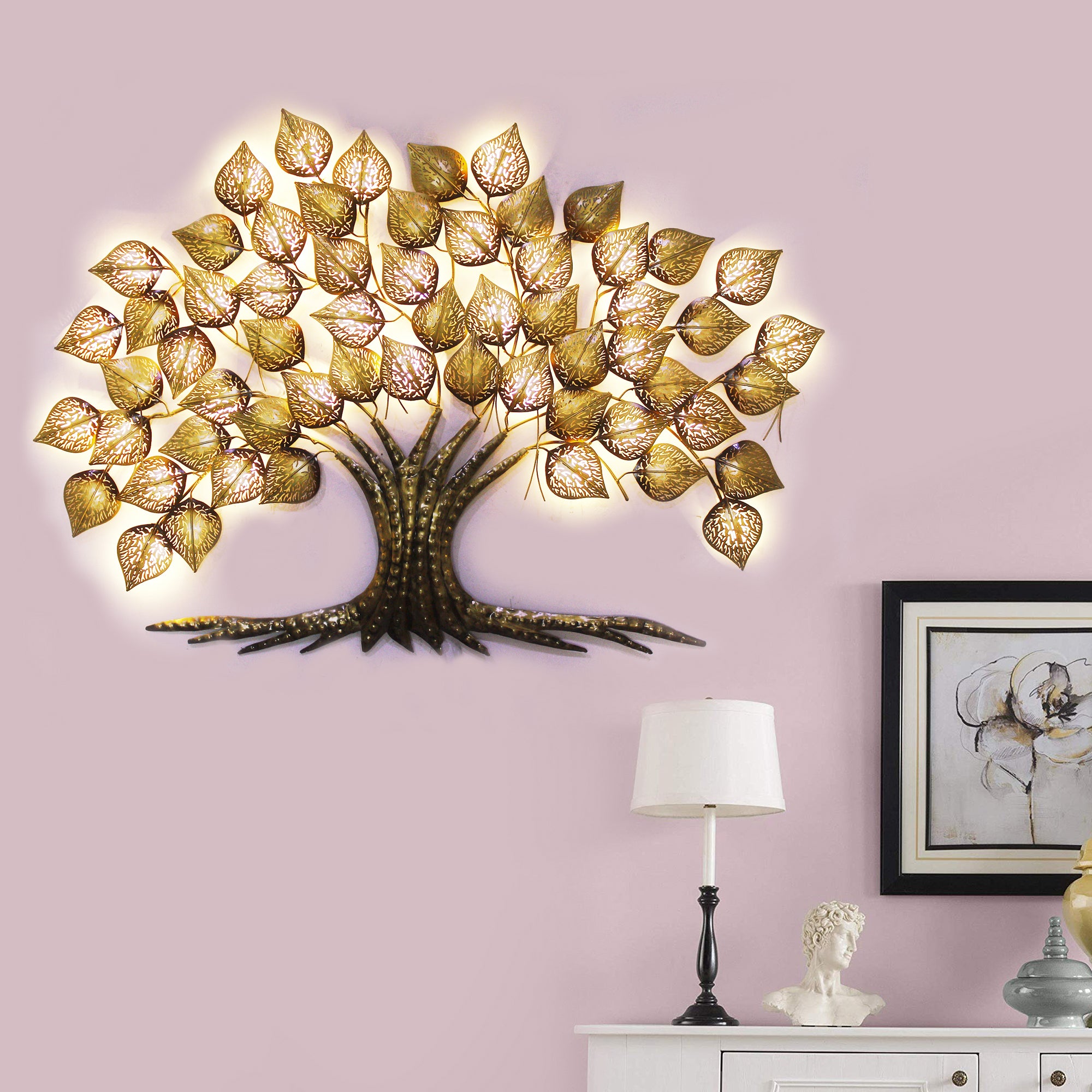 Brown and Golden Beautiful Leaves Tree Handcrafted Iron Wall Hanging with background LED's