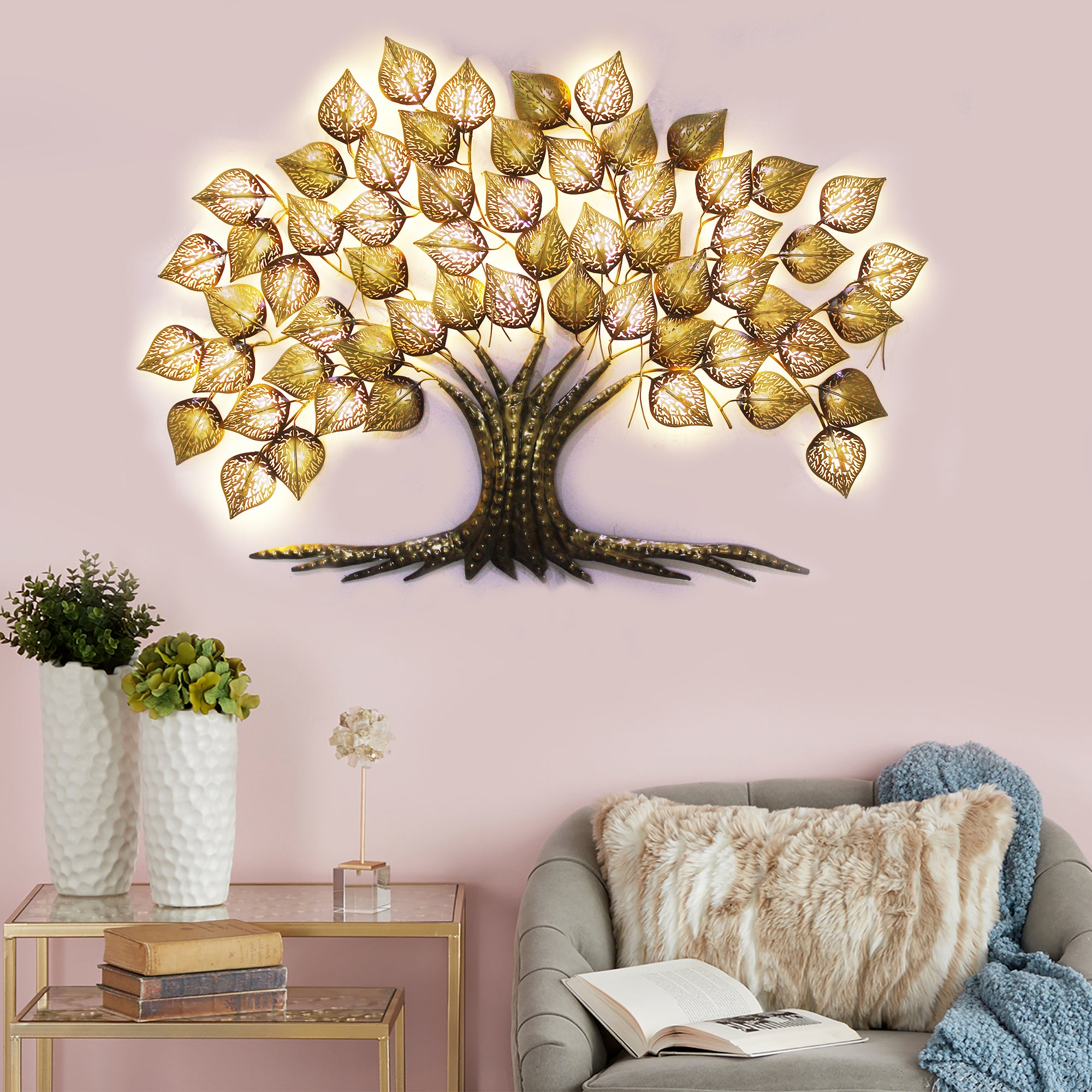 Brown and Golden Beautiful Leaves Tree Handcrafted Iron Wall Hanging with background LED's 1