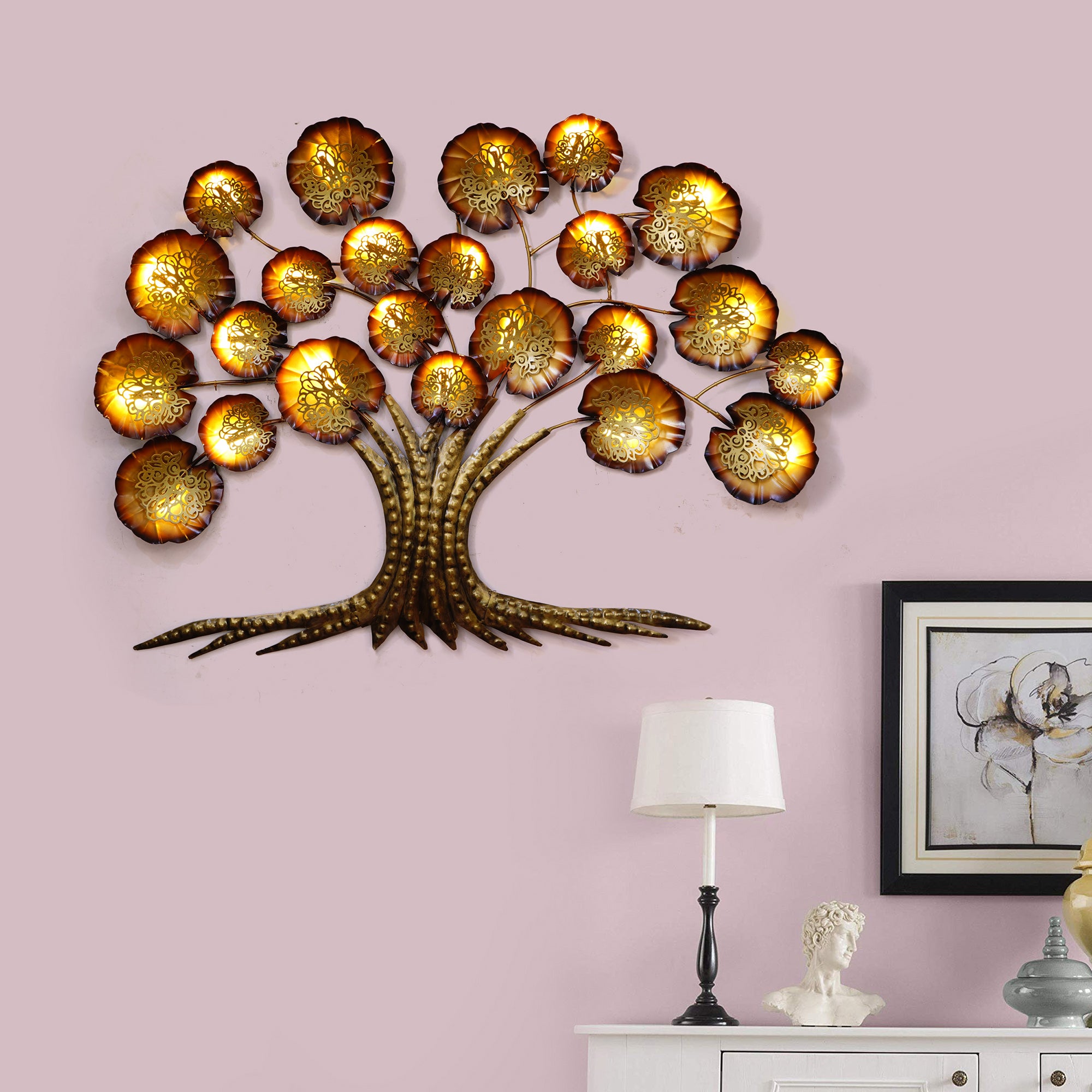 Brown and Golden Beautiful Leaves Tree Handcrafted Iron Wall Hanging/Art with background LED's