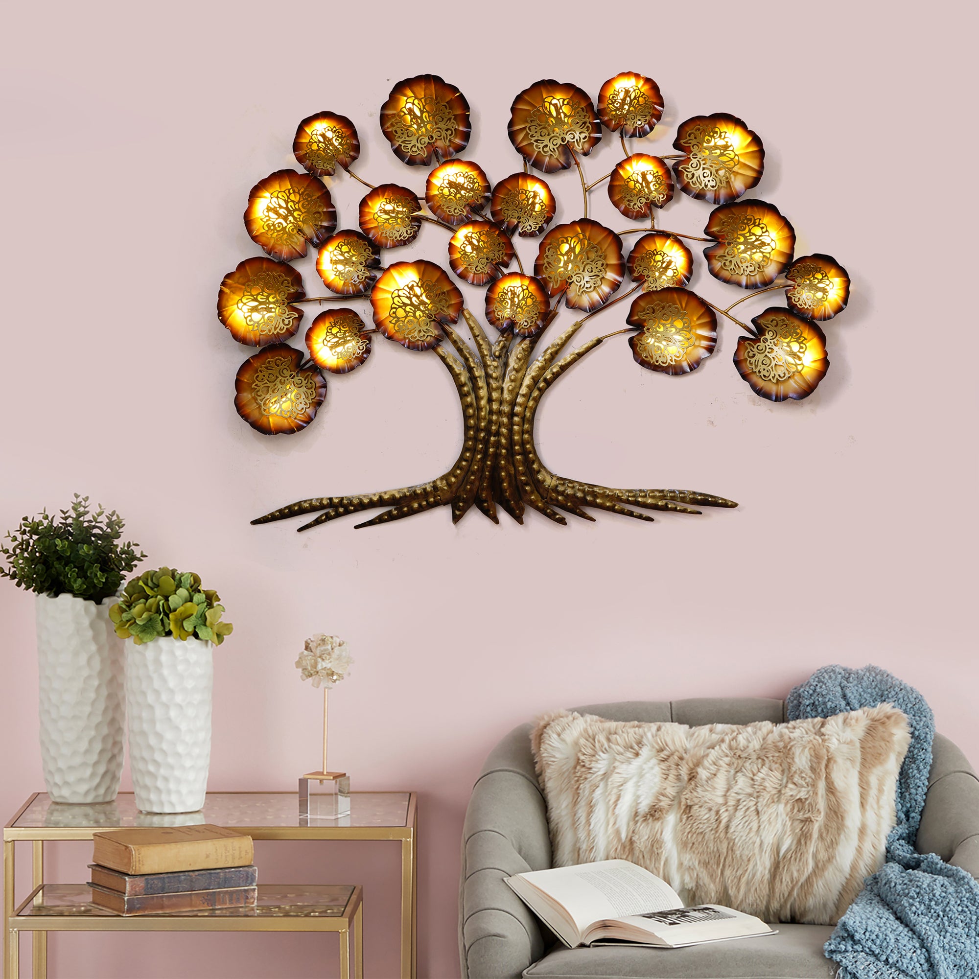 Brown and Golden Beautiful Leaves Tree Handcrafted Iron Wall Hanging/Art with background LED's 1