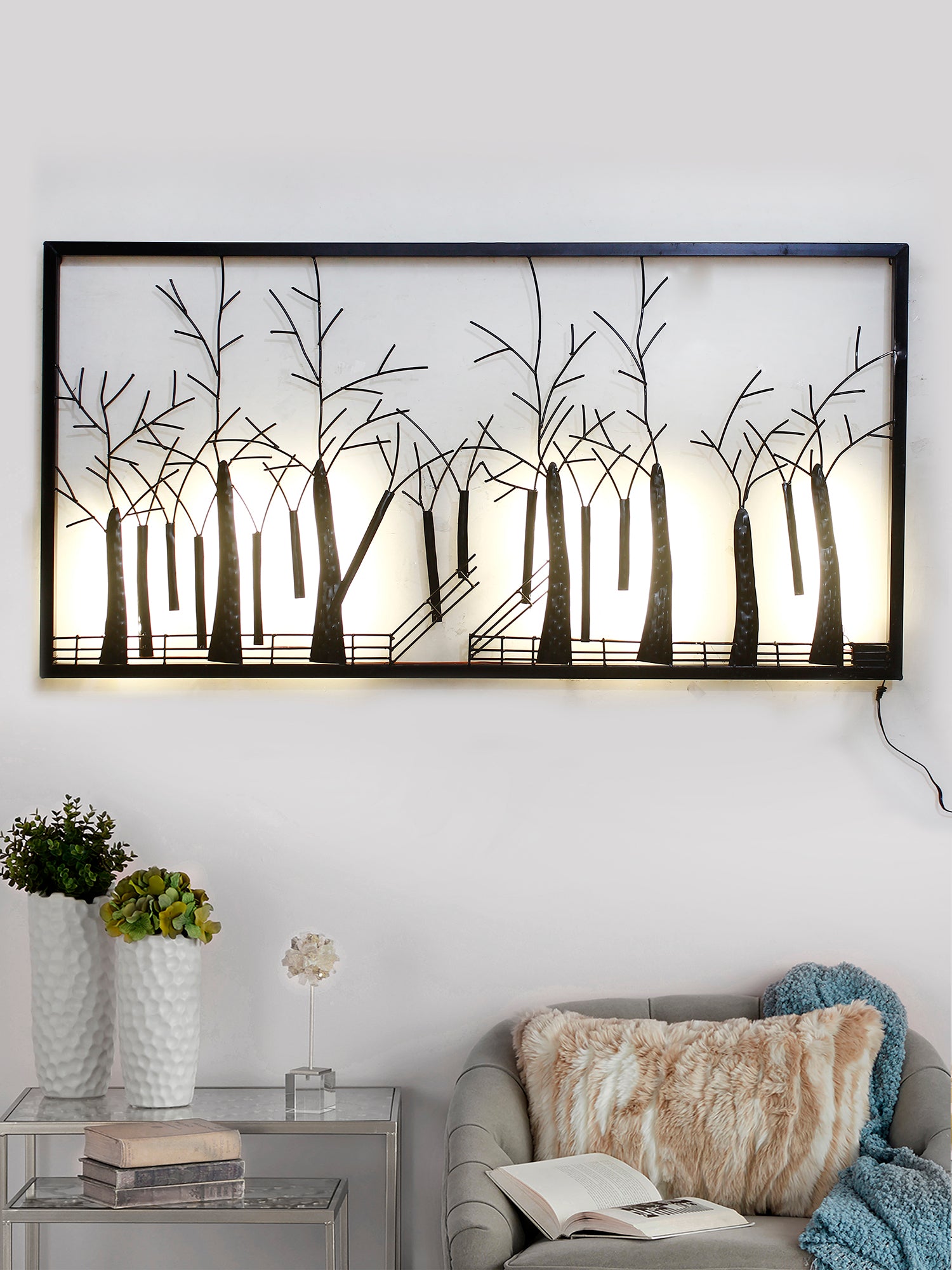 Abstract Trees Forest View Handcrafted Iron Wall Hanging with background LED's