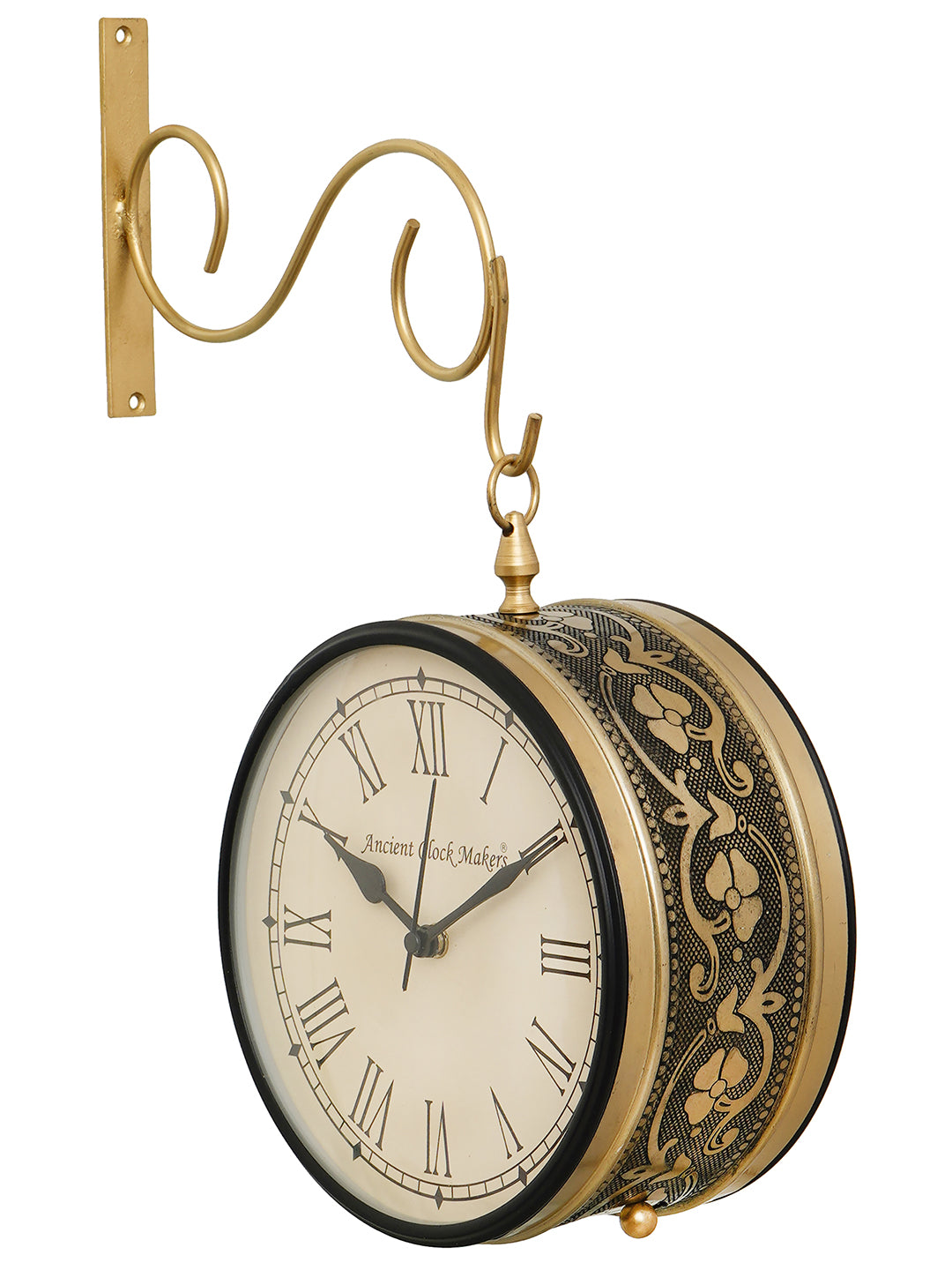 8" Antique Station Hanging Metal Double Sided Wall Clock With Roman & Full Figure (Golden) 2