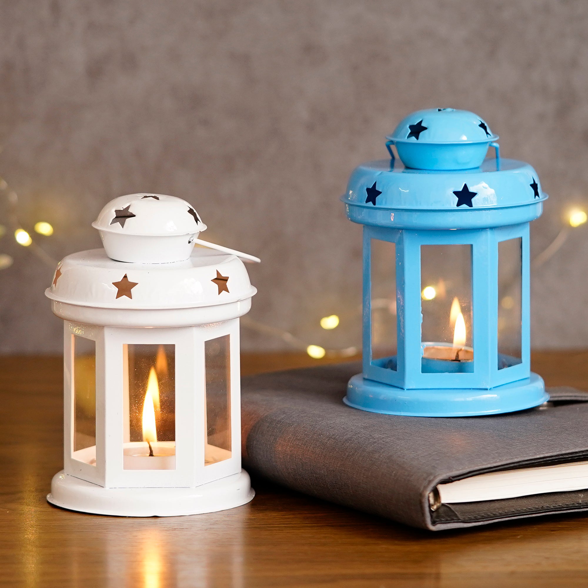Set of 2 Blue and White Metal hanging Tea Light Candle Holder Lantern with Tealight Candle