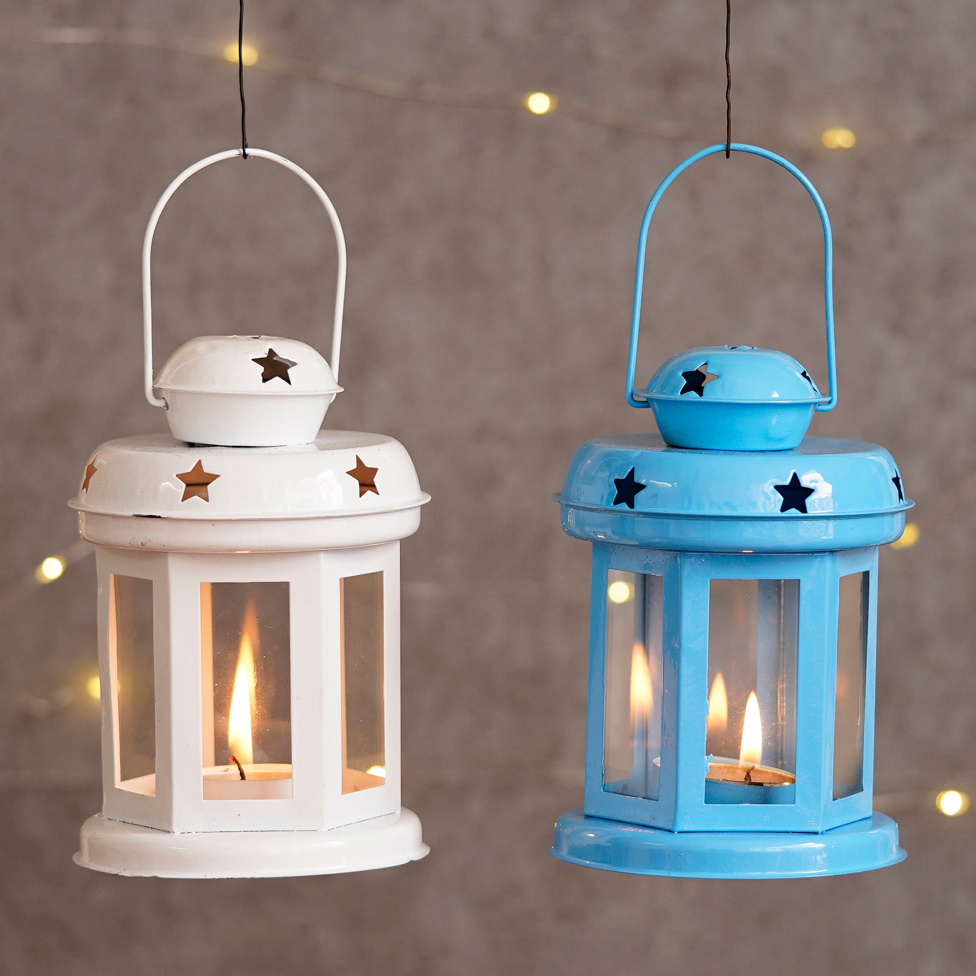 Set of 2 Blue and White Metal hanging Tea Light Candle Holder Lantern with Tealight Candle 1