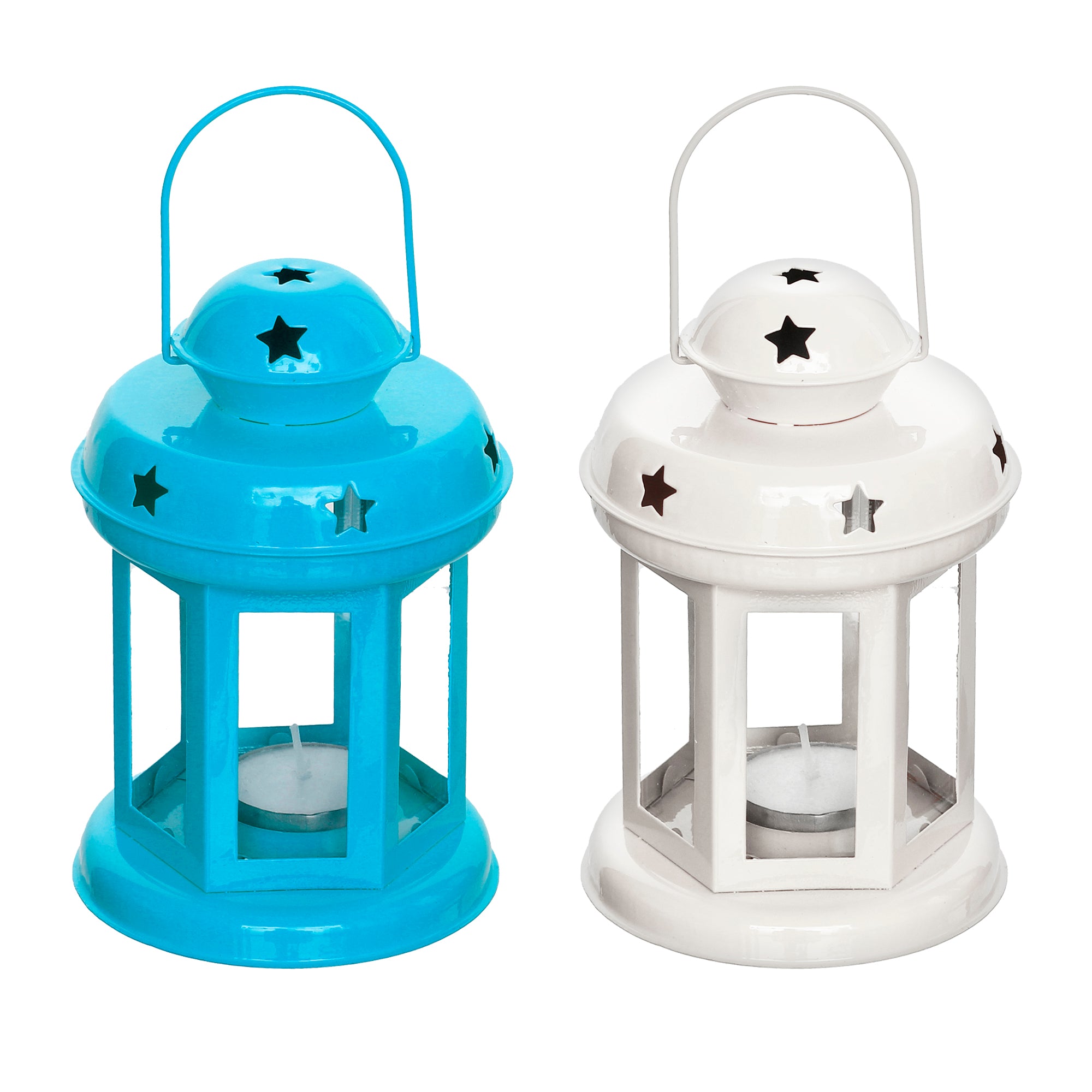 Set of 2 Blue and White Metal hanging Tea Light Candle Holder Lantern with Tealight Candle 5