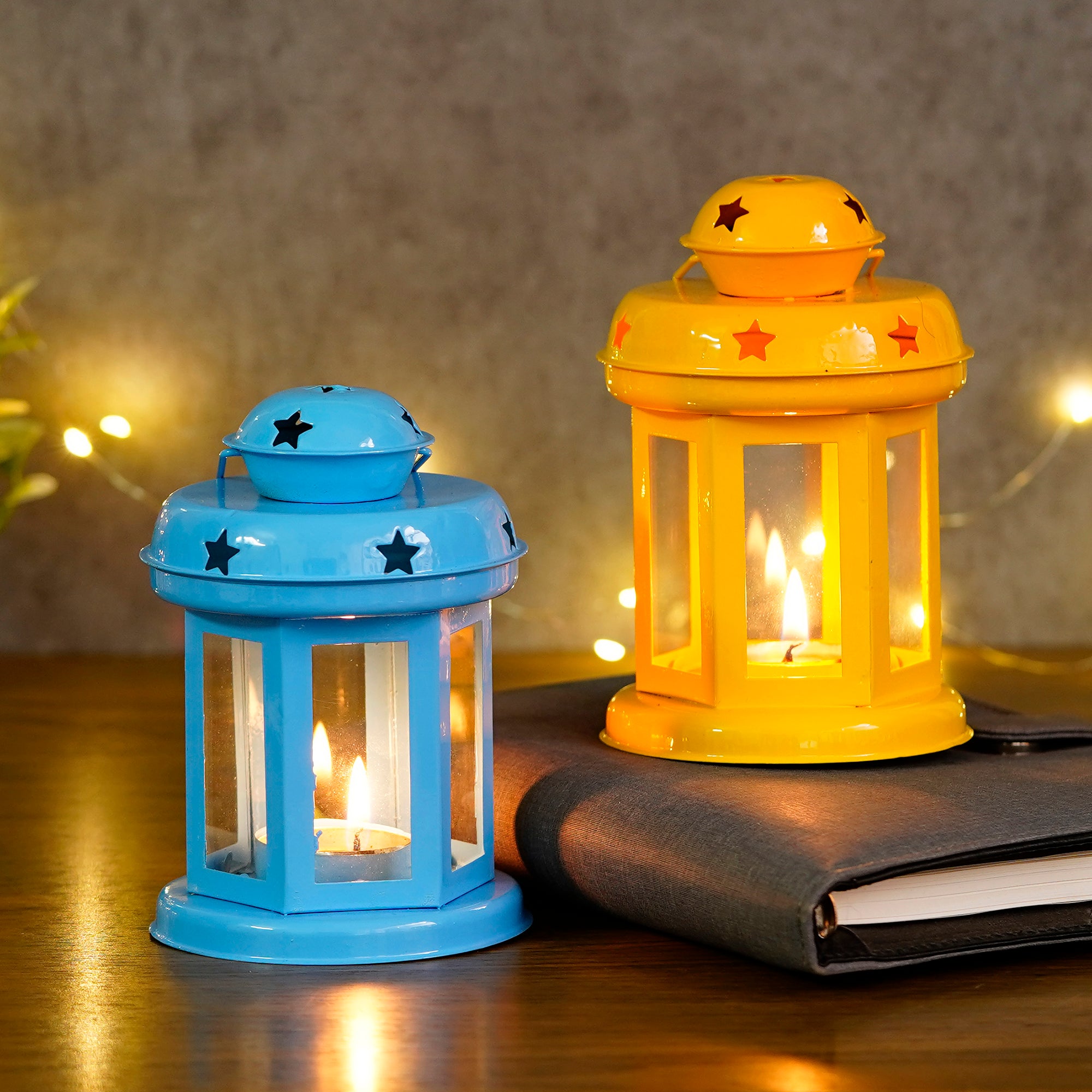 Set of 2 Blue and Yellow Metal hanging Tea Light Candle Holder Lantern with Tealight Candle