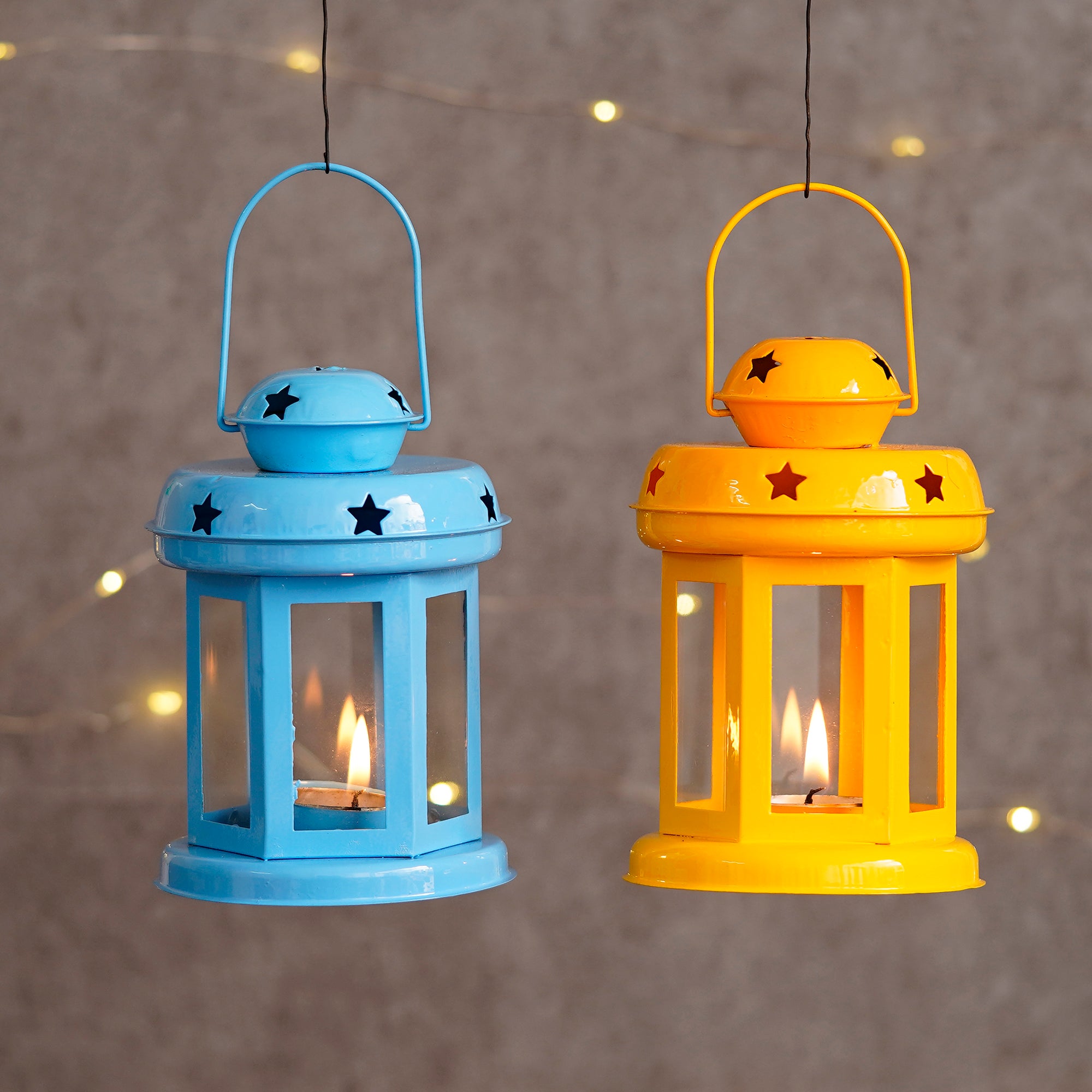 Set of 2 Blue and Yellow Metal hanging Tea Light Candle Holder Lantern with Tealight Candle 1