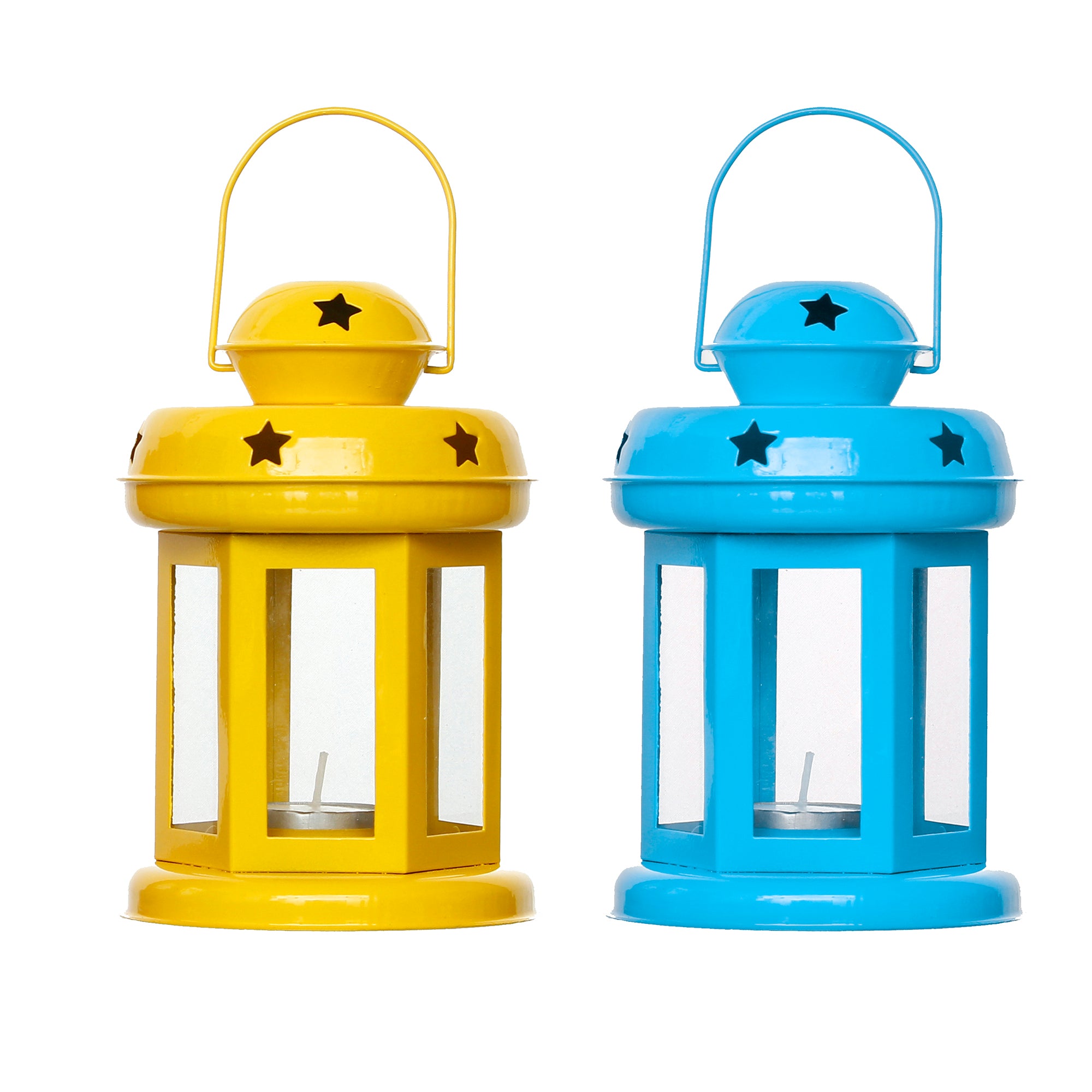Set of 2 Blue and Yellow Metal hanging Tea Light Candle Holder Lantern with Tealight Candle 2