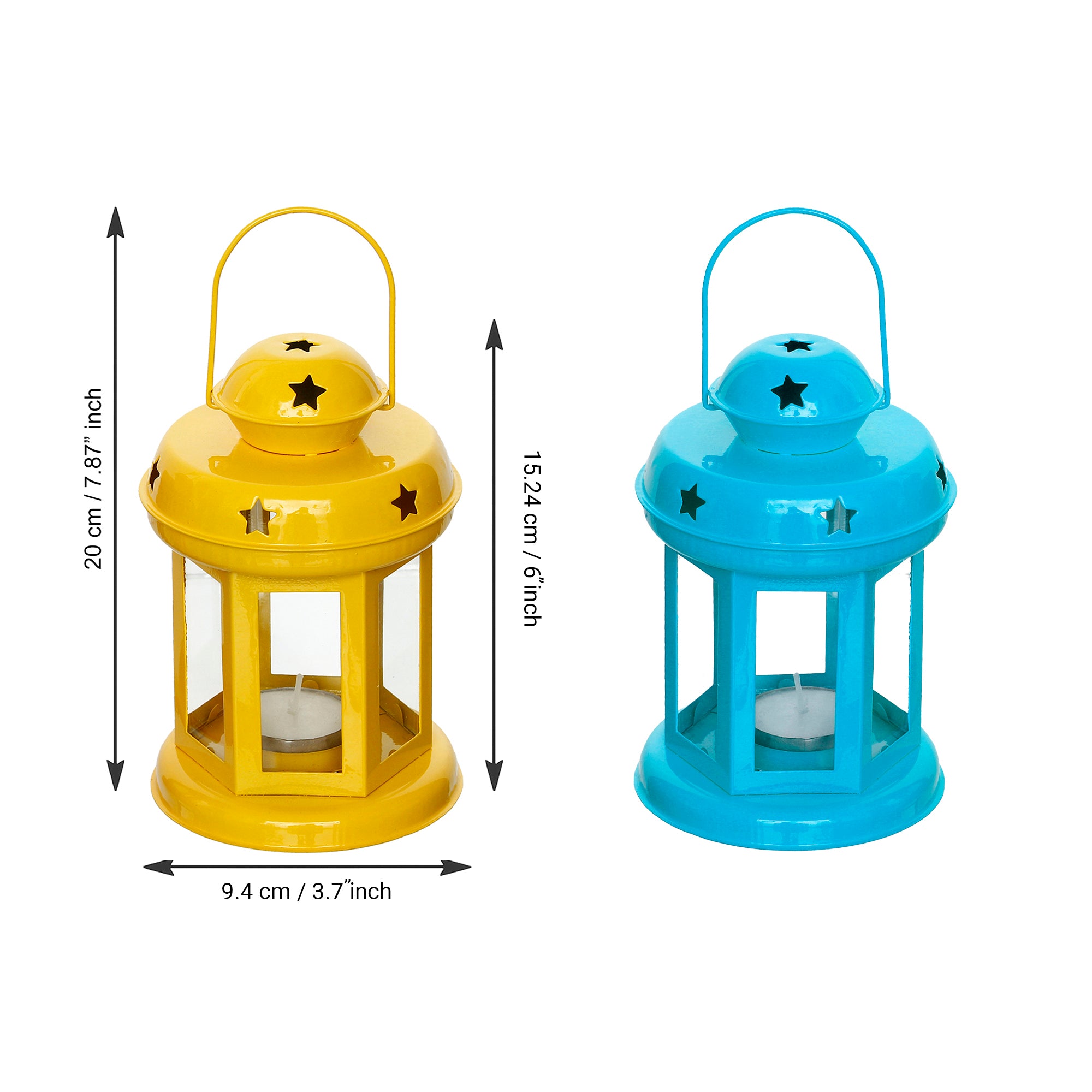 Set of 2 Blue and Yellow Metal hanging Tea Light Candle Holder Lantern with Tealight Candle 3