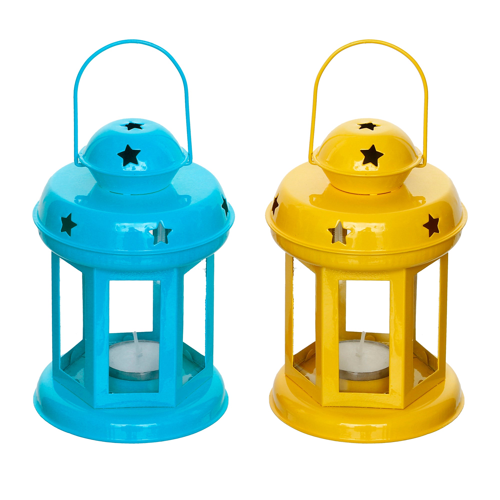 Set of 2 Blue and Yellow Metal hanging Tea Light Candle Holder Lantern with Tealight Candle 5