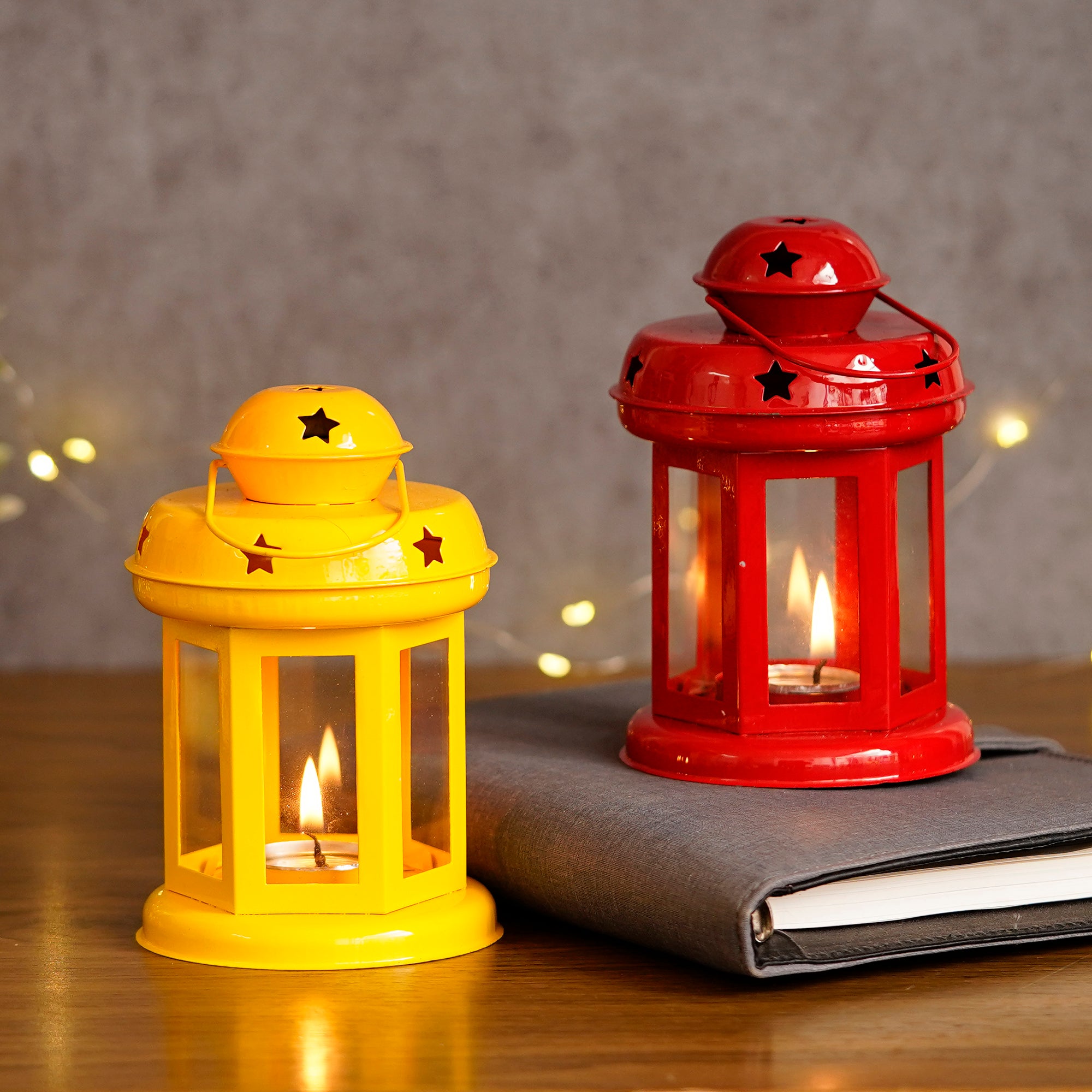 Iron Set of 2 Yellow and Red tea light candle holder Lantern