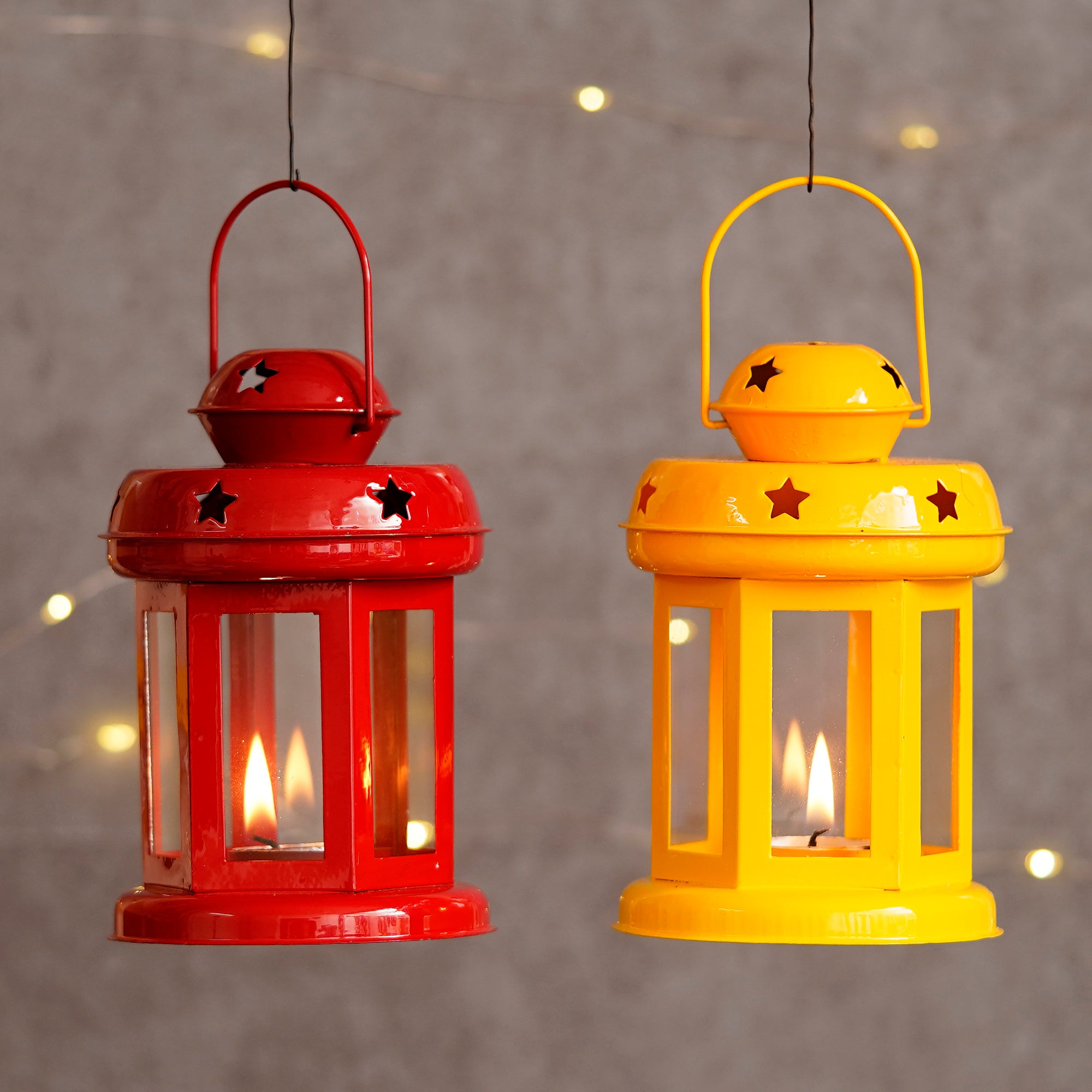 Iron Set of 2 Yellow and Red tea light candle holder Lantern 1