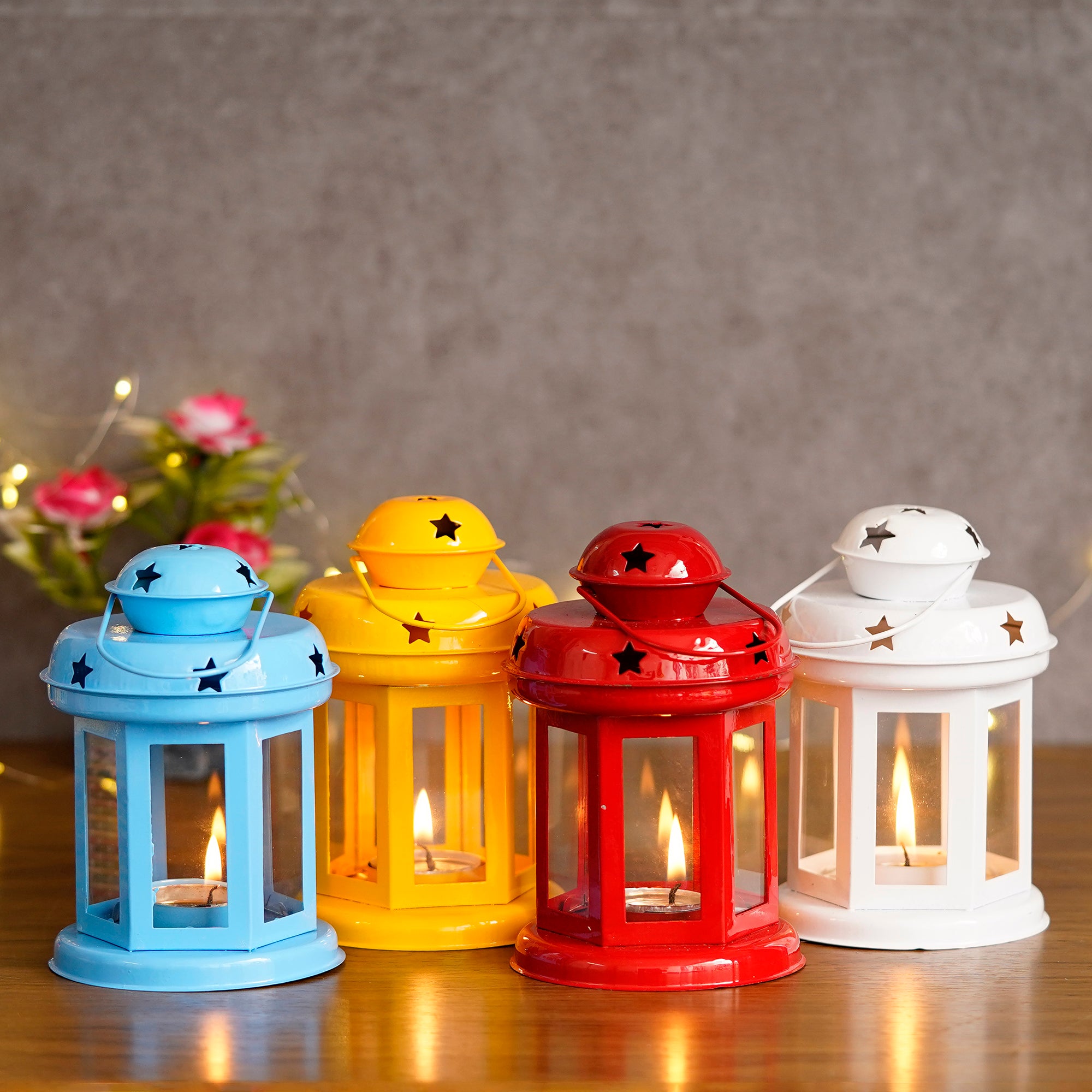 Iron Set of 4 tea light candle holder Lantern(Blue, Yellow, Red, White)