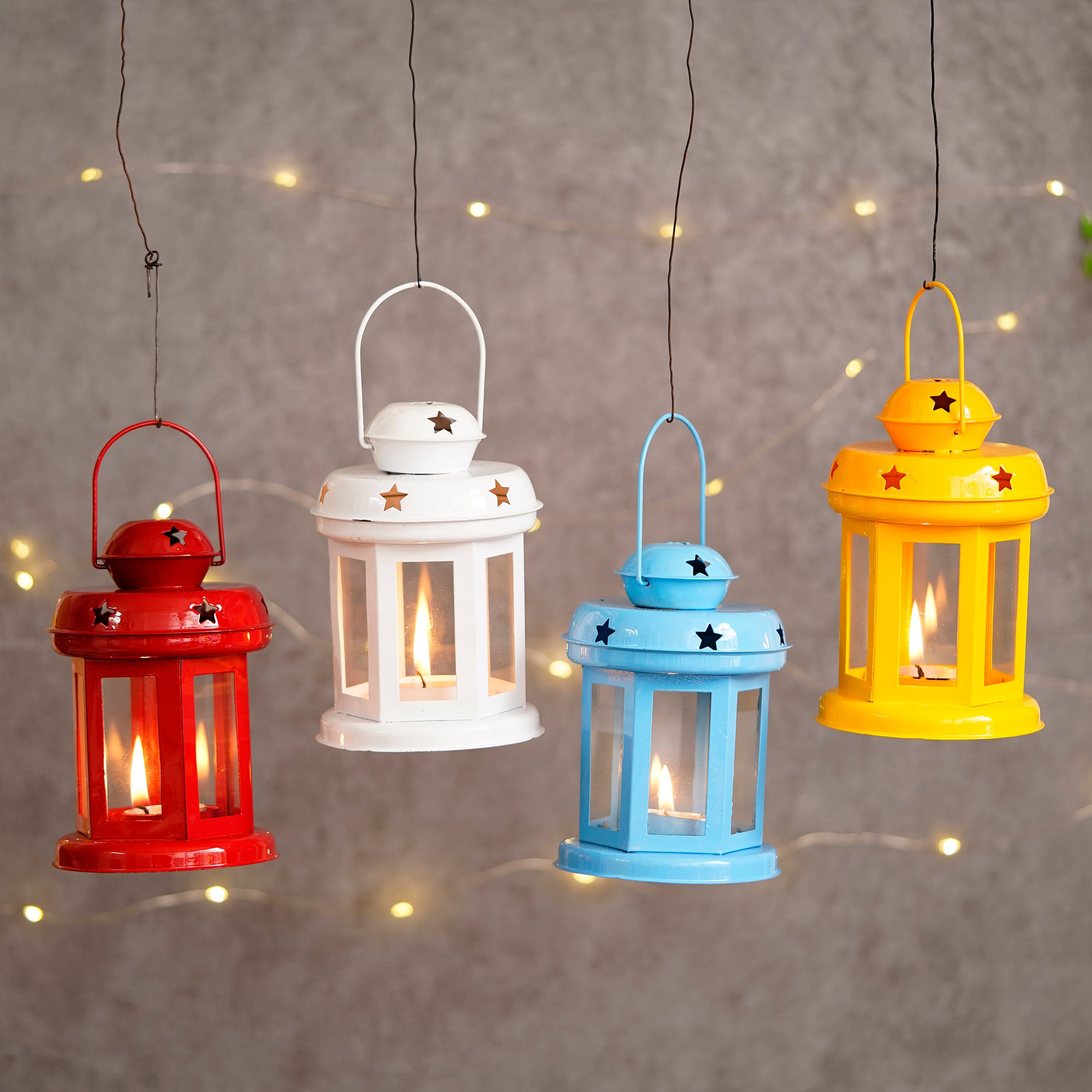 Iron Set of 4 tea light candle holder Lantern(Blue, Yellow, Red, White) 1