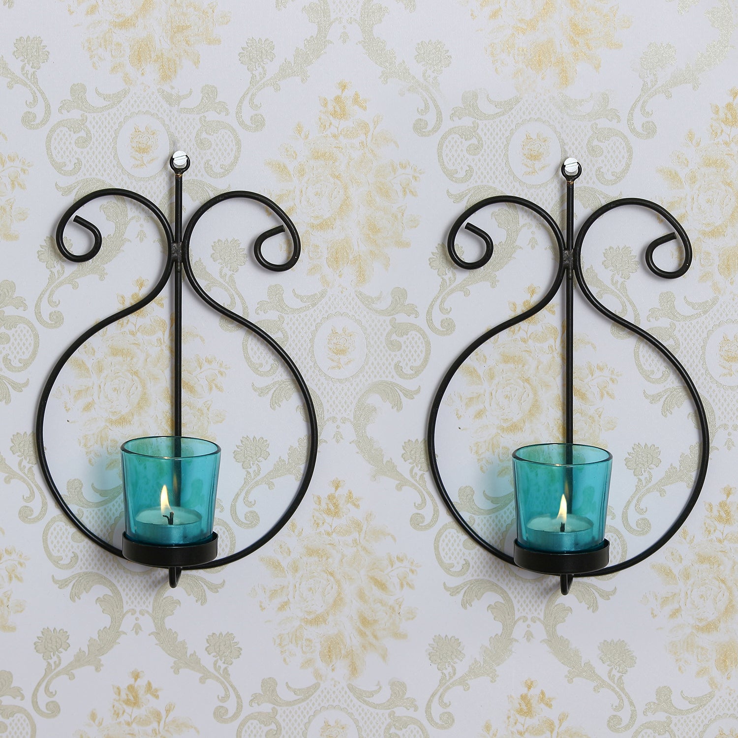 2 Blue Glass Cup Black Tea Light Candle Holder with Wall Sconce