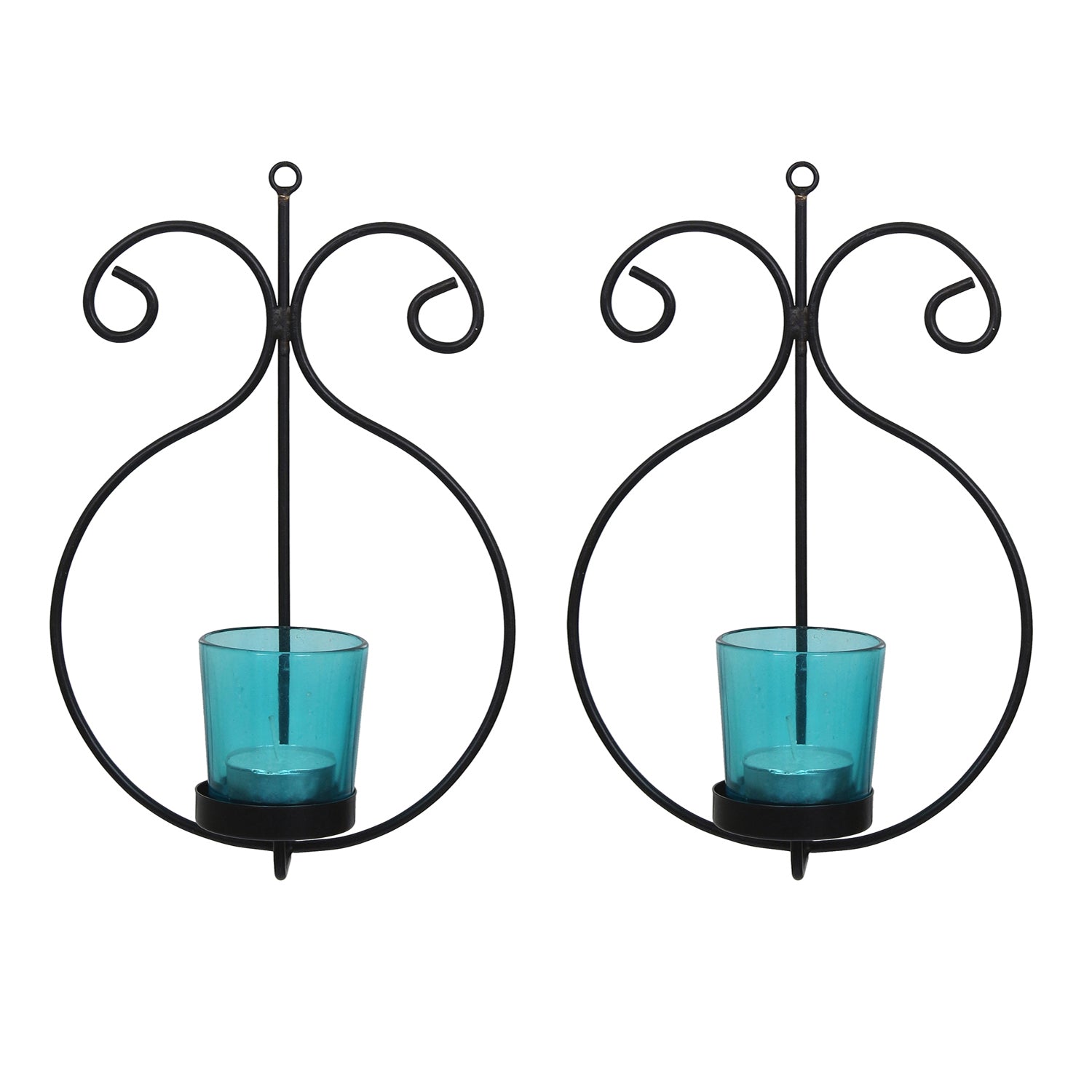 2 Blue Glass Cup Black Tea Light Candle Holder with Wall Sconce 2