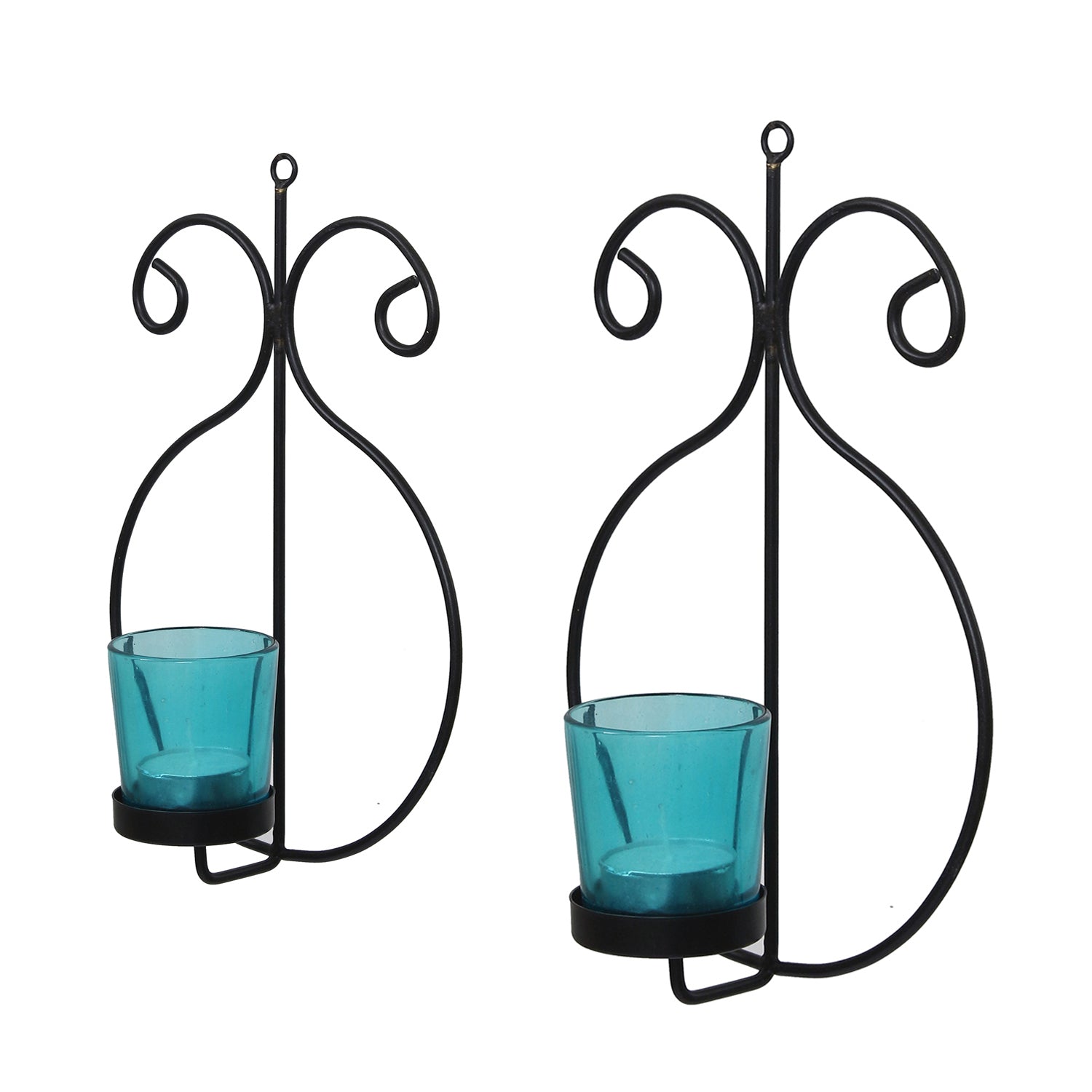 2 Blue Glass Cup Black Tea Light Candle Holder with Wall Sconce 4