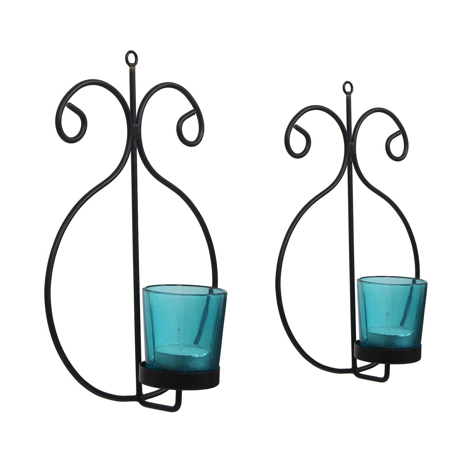 2 Blue Glass Cup Black Tea Light Candle Holder with Wall Sconce 5