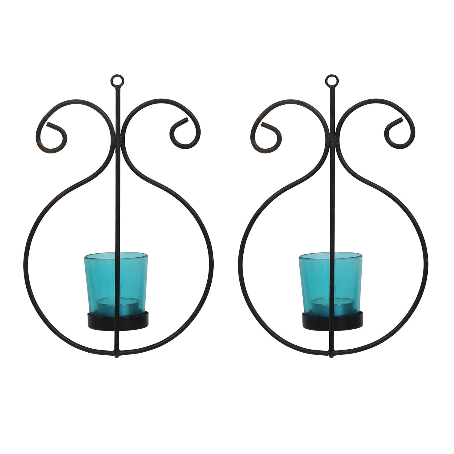 2 Blue Glass Cup Black Tea Light Candle Holder with Wall Sconce 6