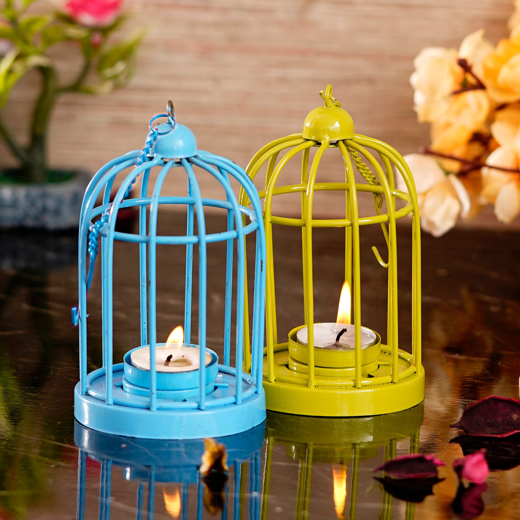 Set of 2 Blue and Green Iron Cage Tea Light candle Holder With Hanging Chain