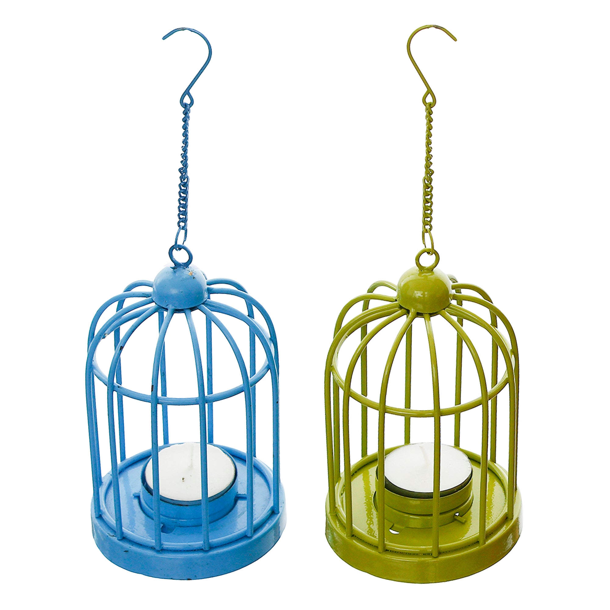 Set of 2 Blue and Green Iron Cage Tea Light candle Holder With Hanging Chain 2