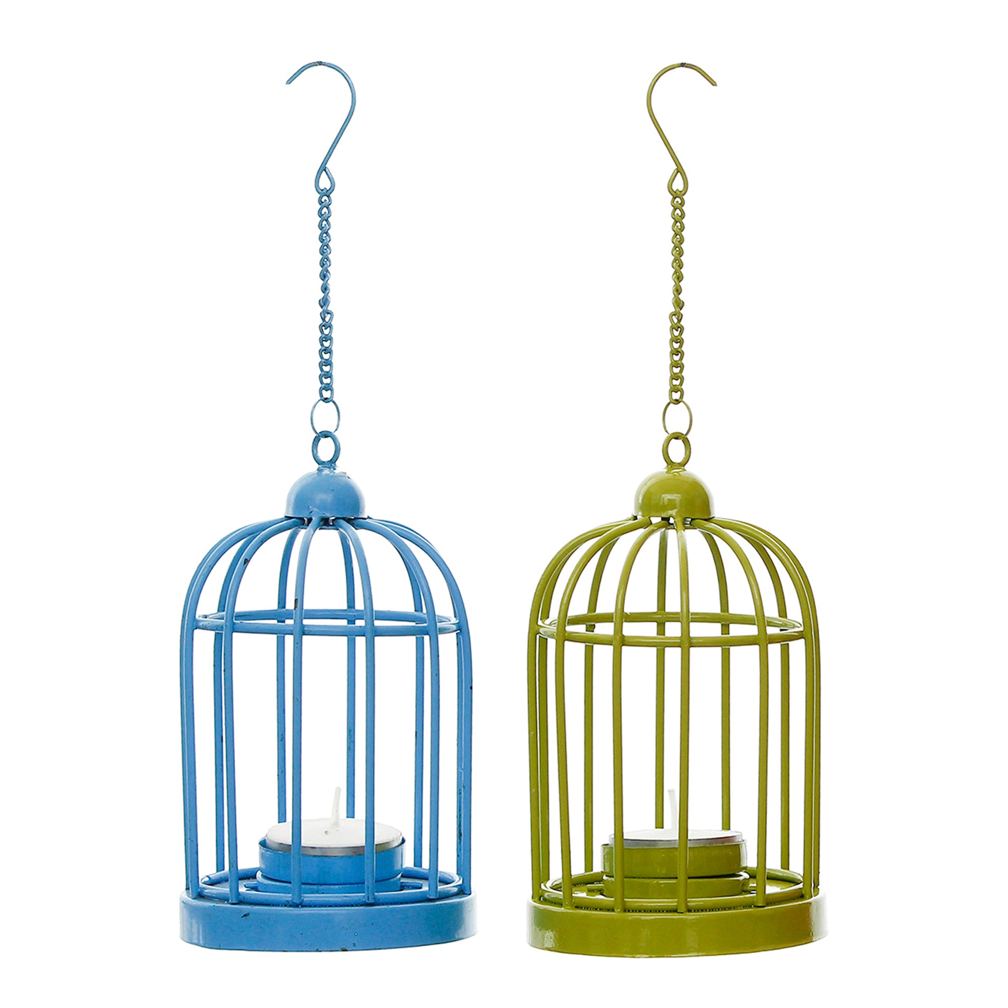 Set of 2 Blue and Green Iron Cage Tea Light candle Holder With Hanging Chain 3