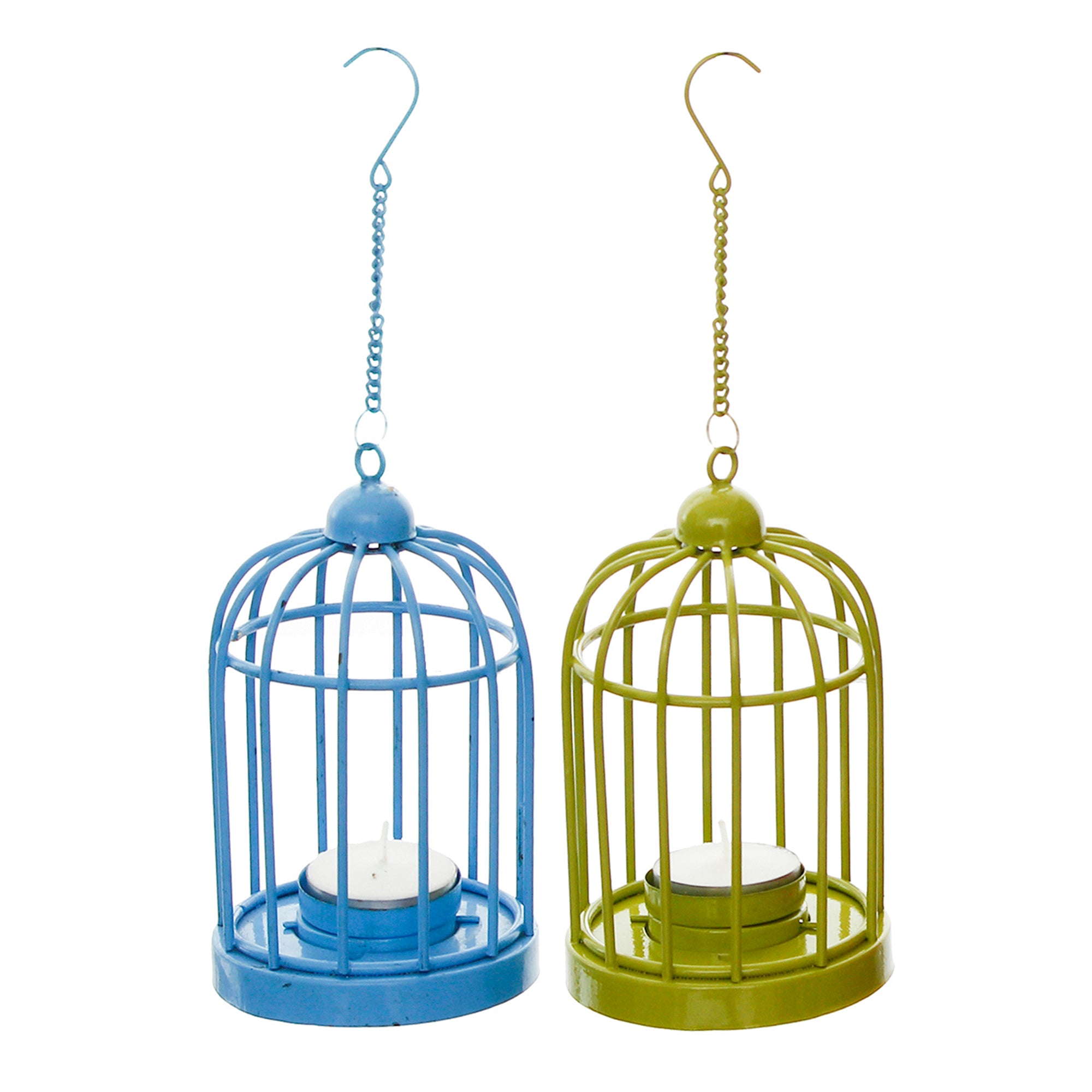 Set of 2 Blue and Green Iron Cage Tea Light candle Holder With Hanging Chain 5