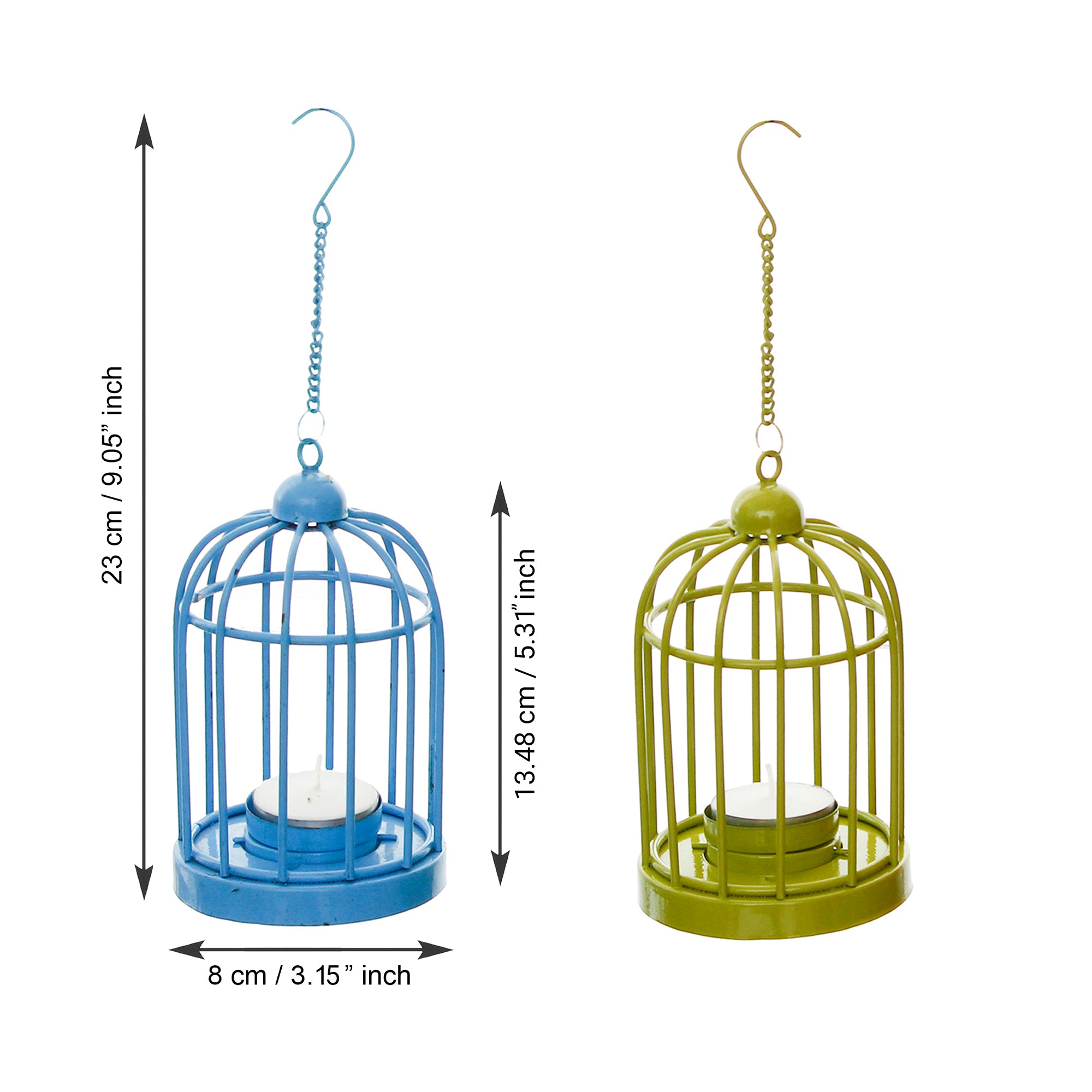 Set of 2 Blue and Green Iron Cage Tea Light candle Holder With Hanging Chain 6