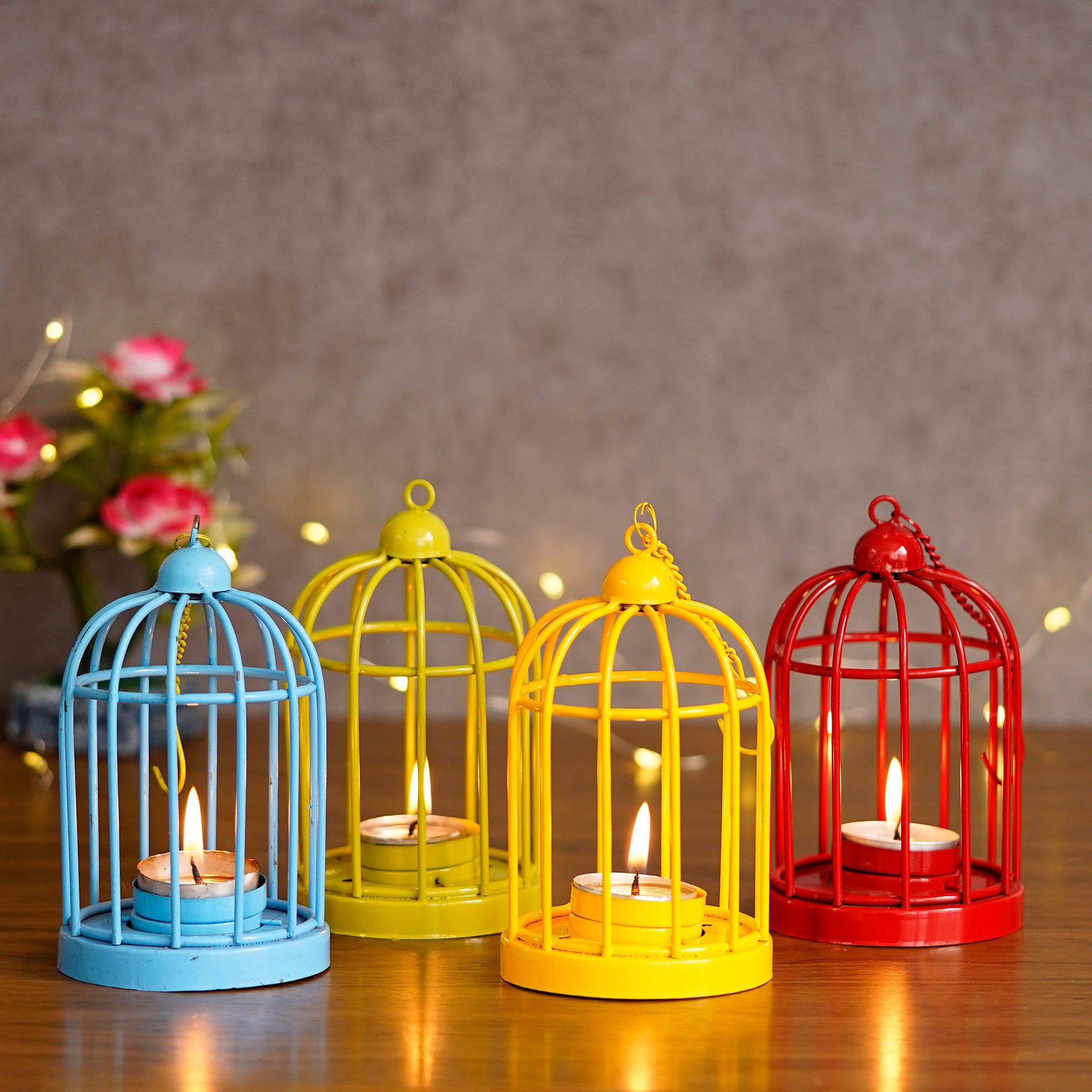 Set of 4 Colors Iron Cage Tea Light candle Holder With Hanging Chain(Blue, Green, Yellow, Red)