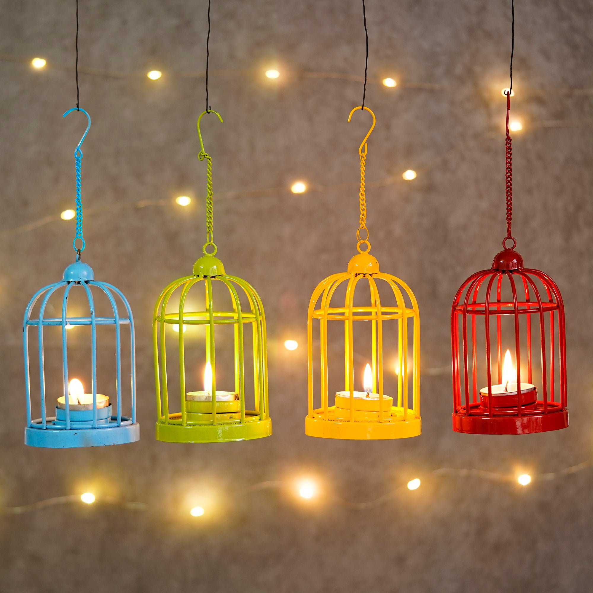 Set of 4 Colors Iron Cage Tea Light candle Holder With Hanging Chain(Blue, Green, Yellow, Red) 1