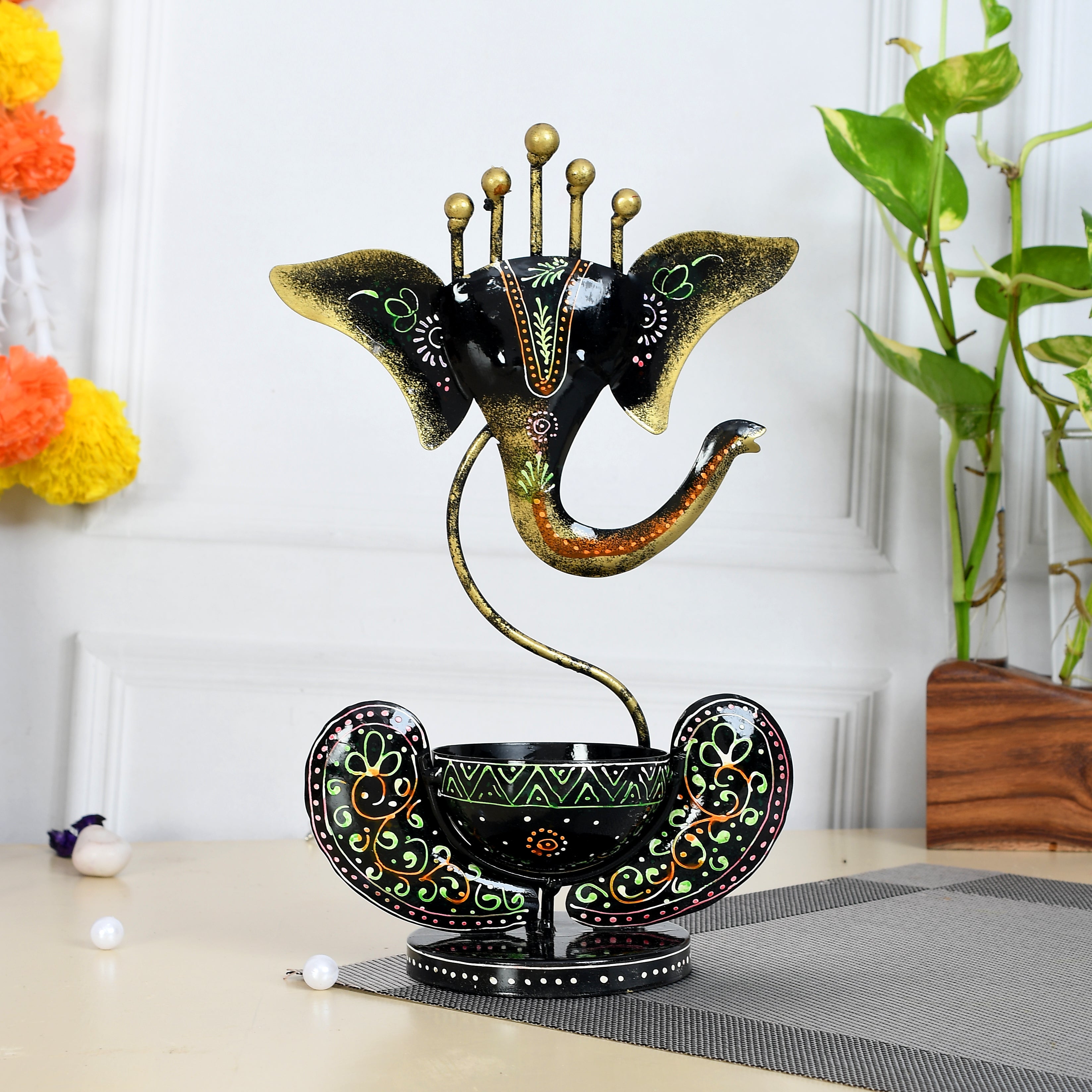Black Iron Decorative Lord Ganesha Tea Light Holder 4