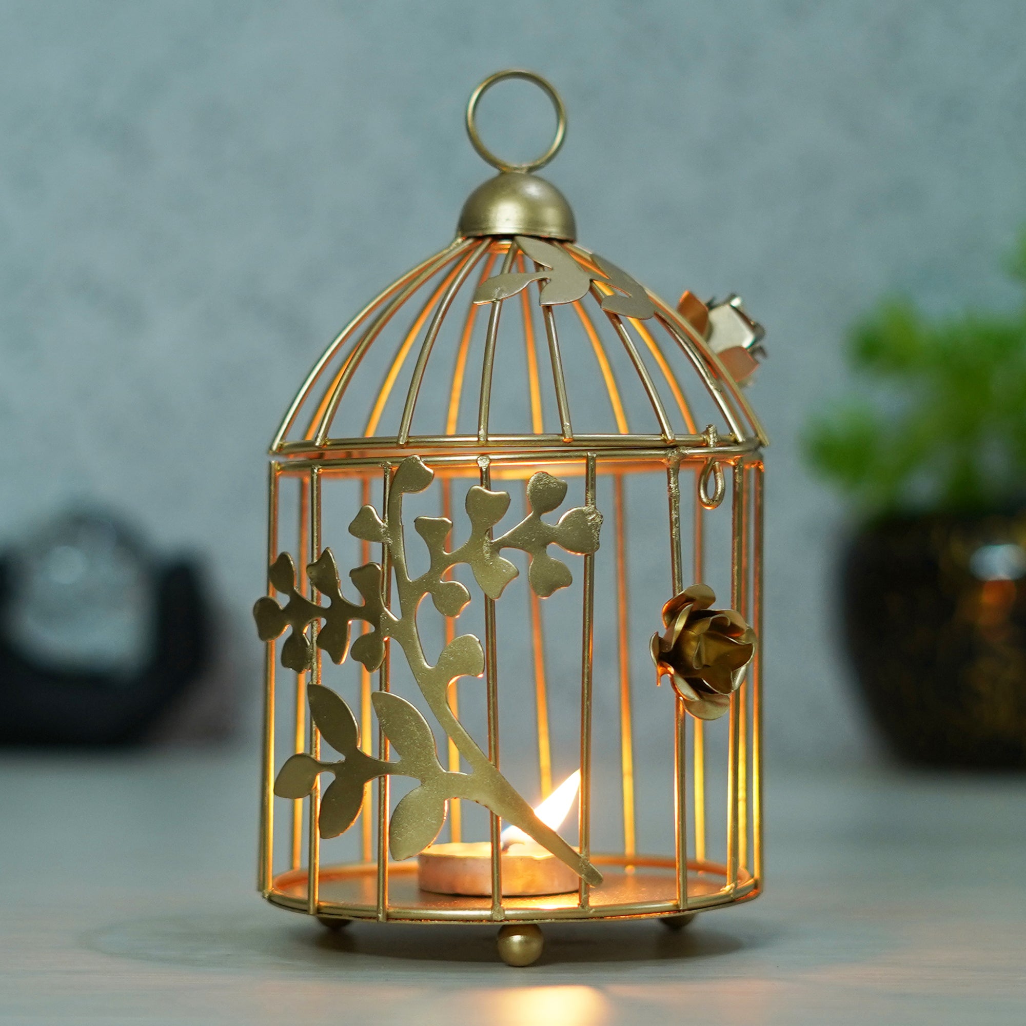 eCraftIndia Golden Metal Bird Cage With Floral Vine Decorative Hanging Tea Light Candle Holder 1