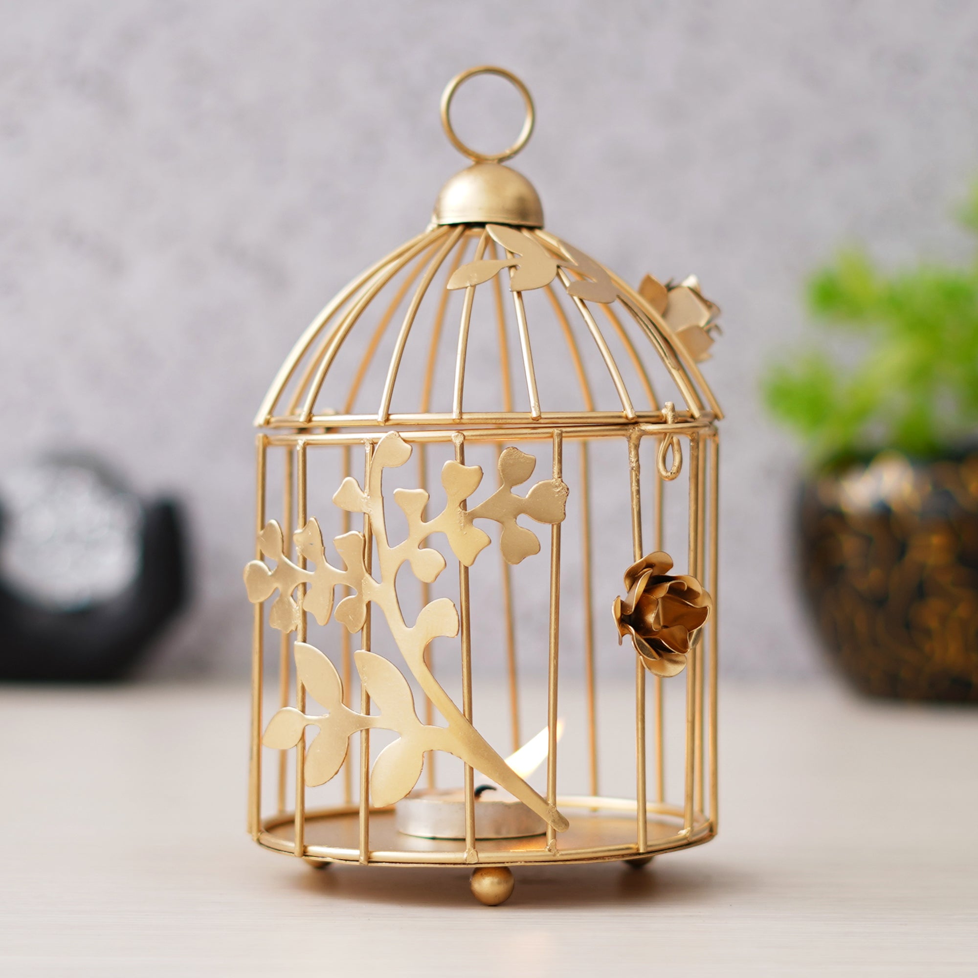 eCraftIndia Golden Metal Bird Cage With Floral Vine Decorative Hanging Tea Light Candle Holder