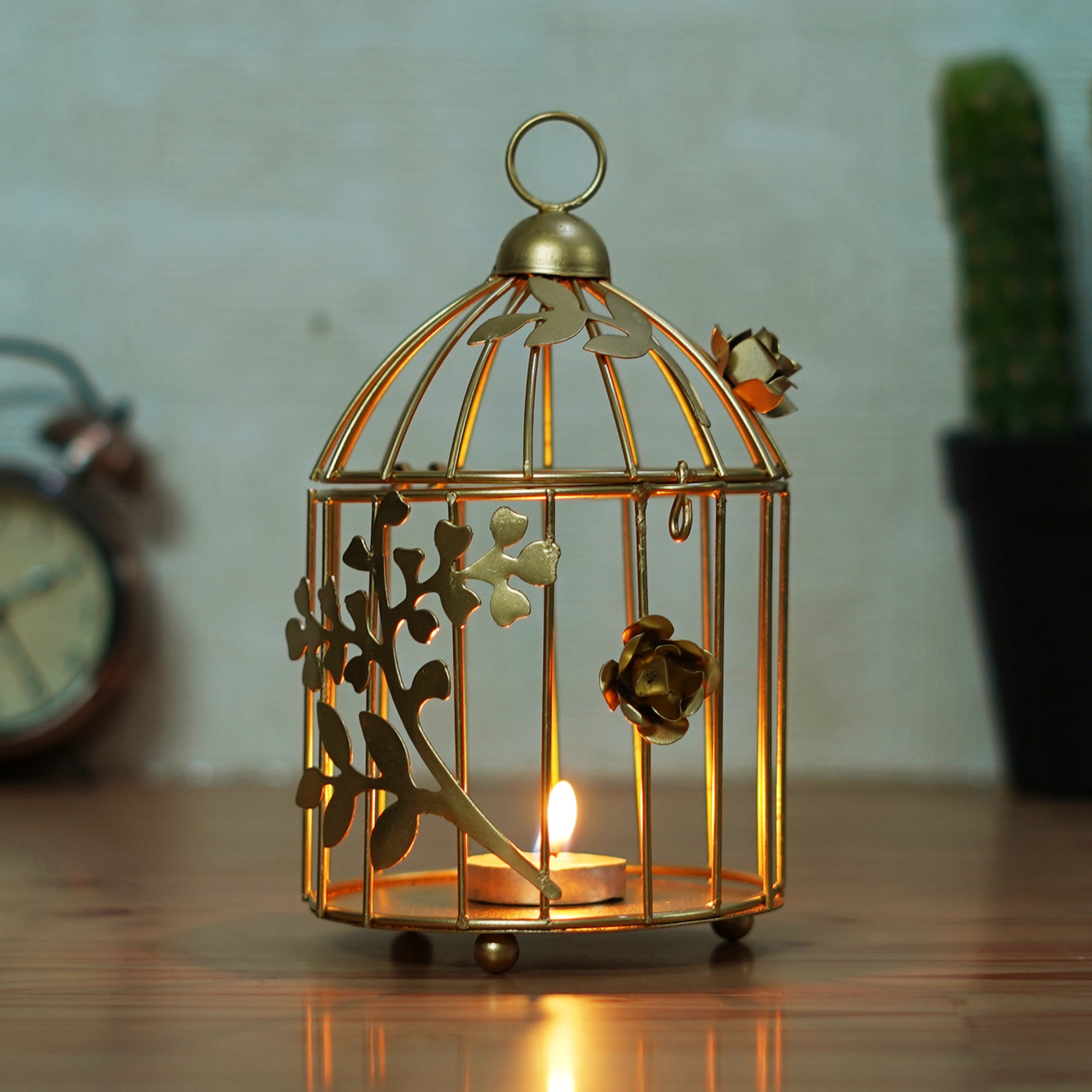 eCraftIndia Golden Metal Bird Cage With Floral Vine Decorative Hanging Tea Light Candle Holder 4