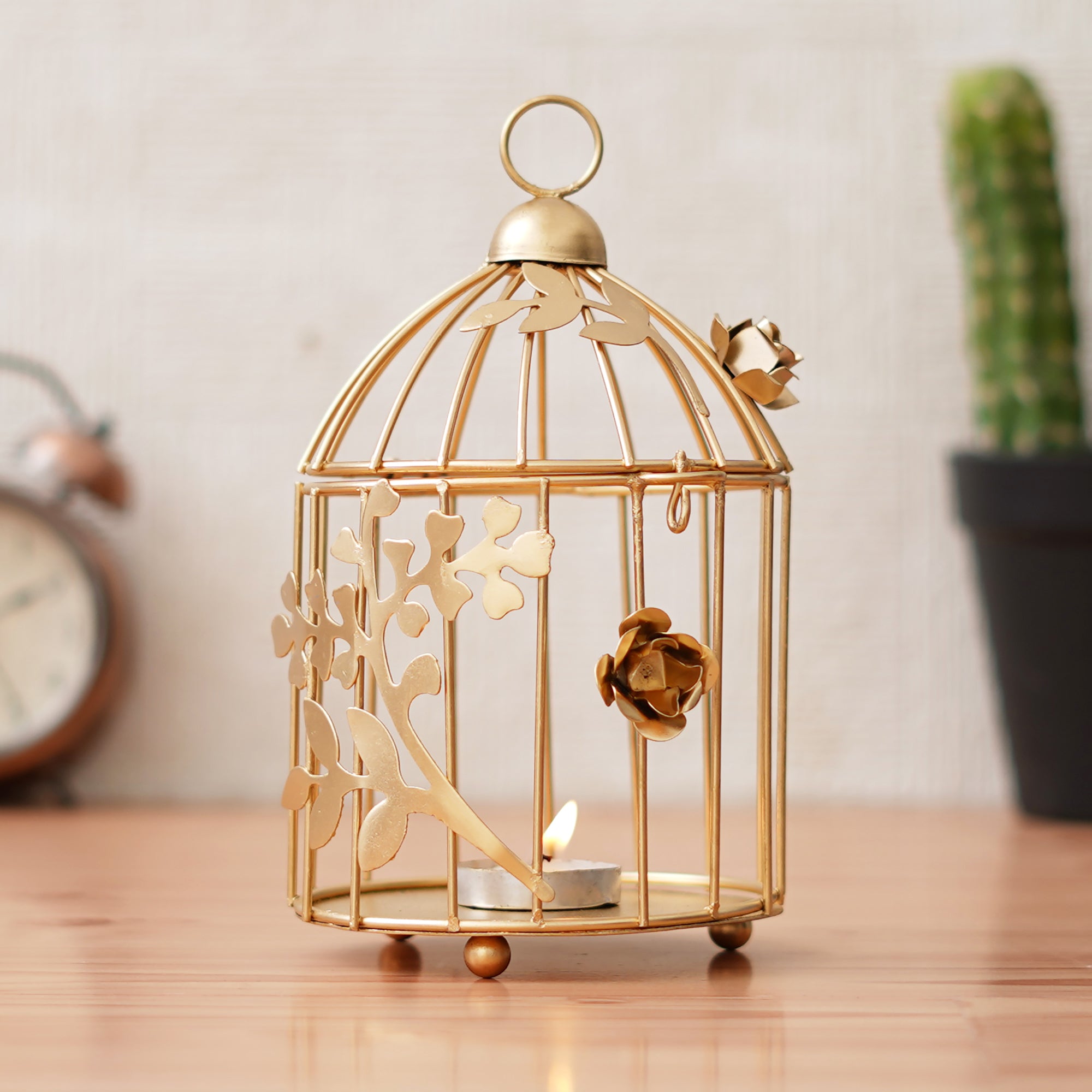 eCraftIndia Golden Metal Bird Cage With Floral Vine Decorative Hanging Tea Light Candle Holder 5