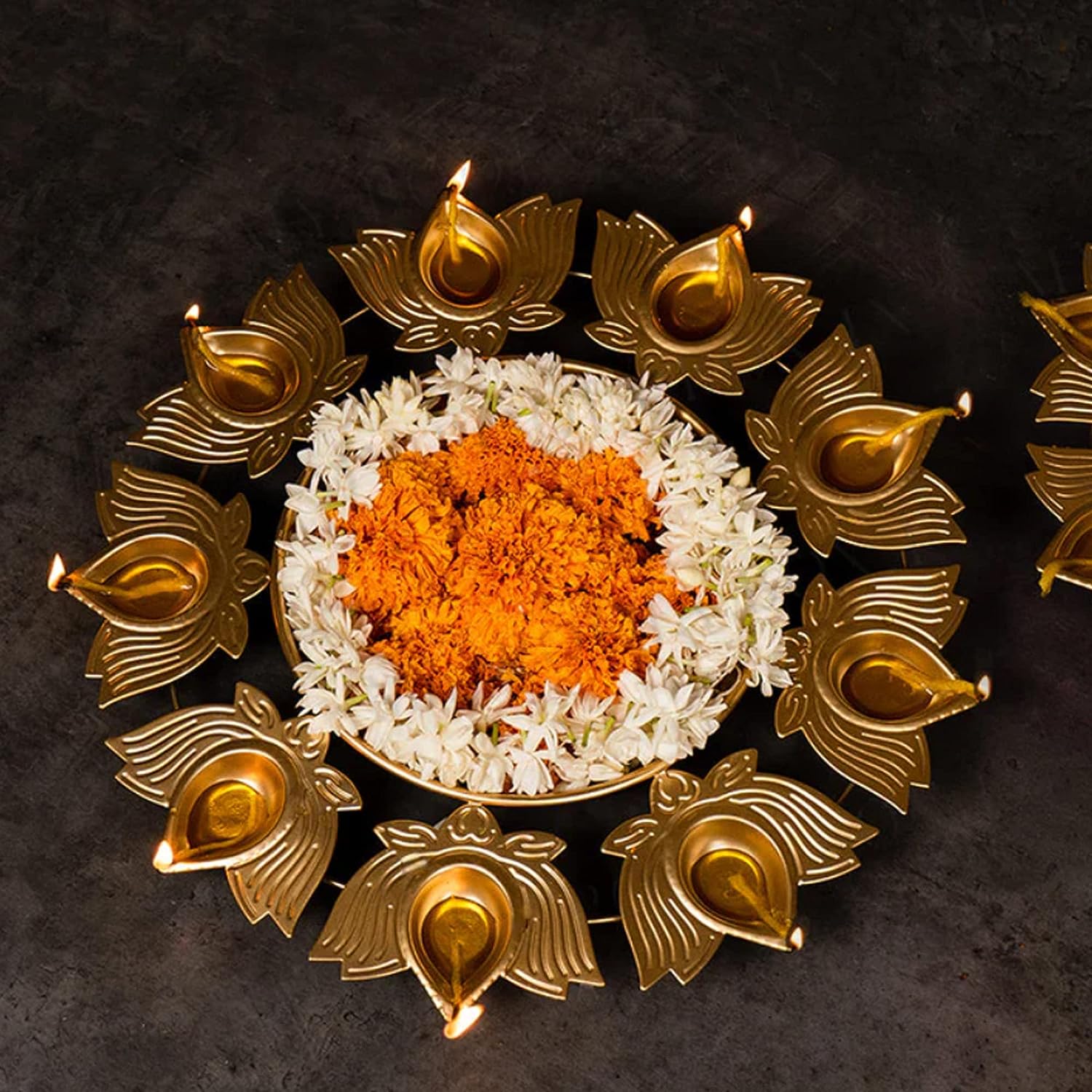 eCraftIndia Golden Metal Handcrafted Traditional Designer Urli with 9 Lotus Shape Diyas