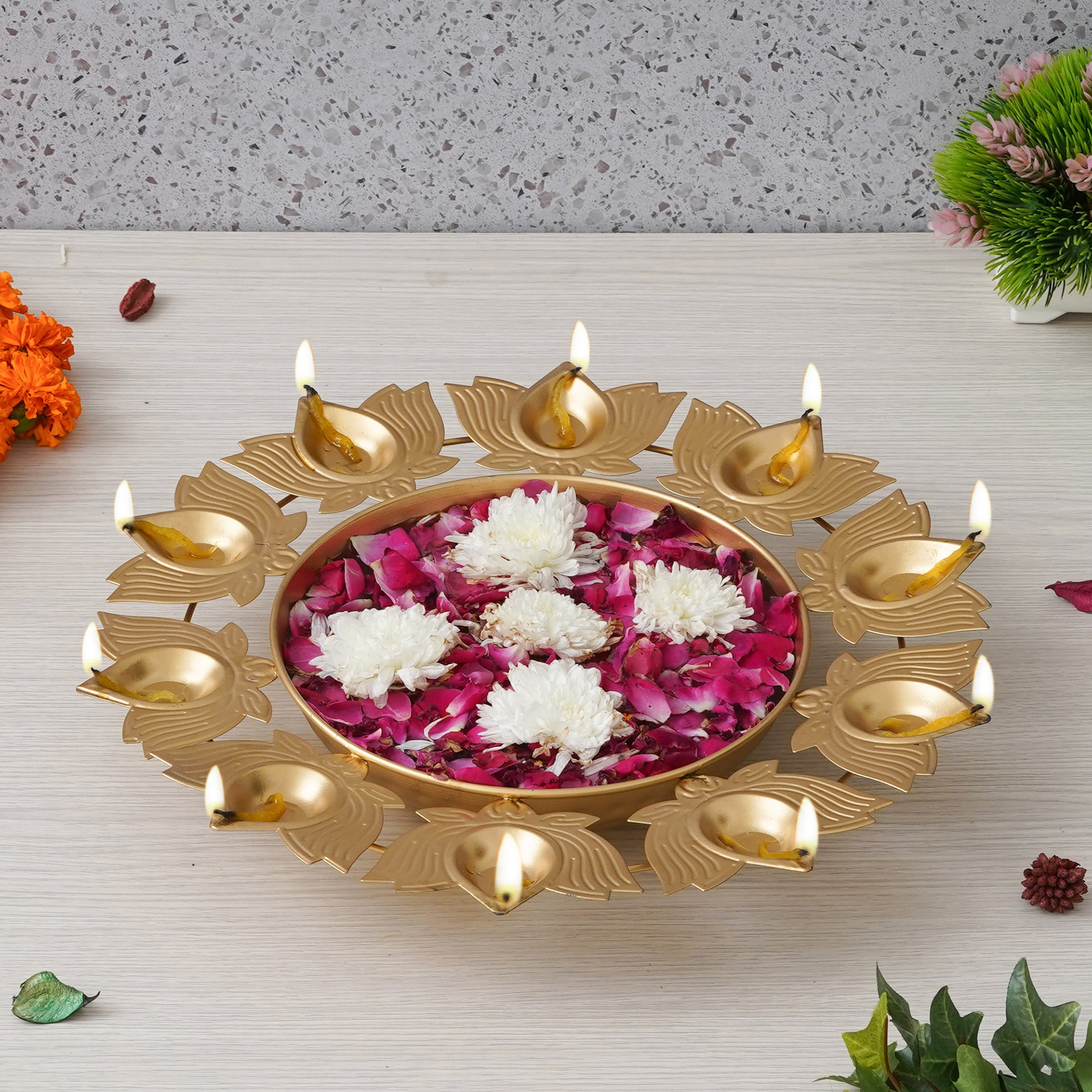 eCraftIndia Golden Metal Handcrafted Traditional Designer Urli with 9 Lotus Shape Diyas 2
