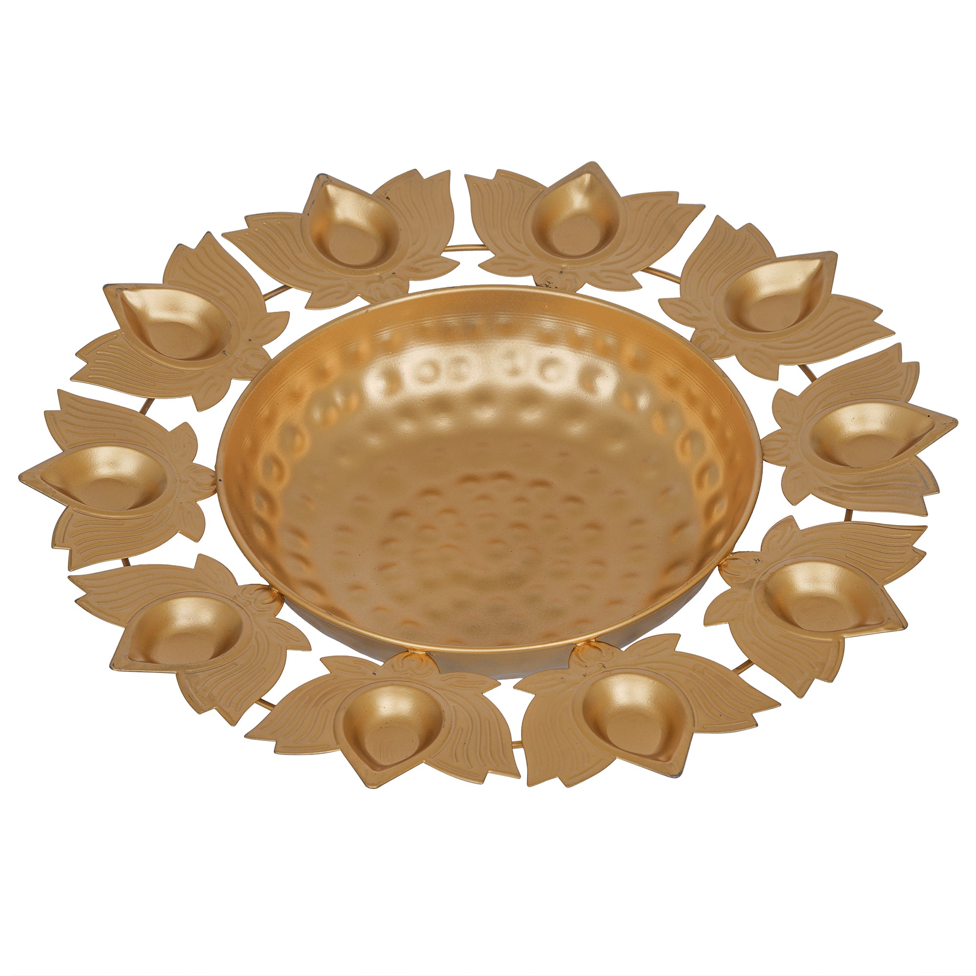 eCraftIndia Golden Metal Handcrafted Traditional Designer Urli with 9 Lotus Shape Diyas 3