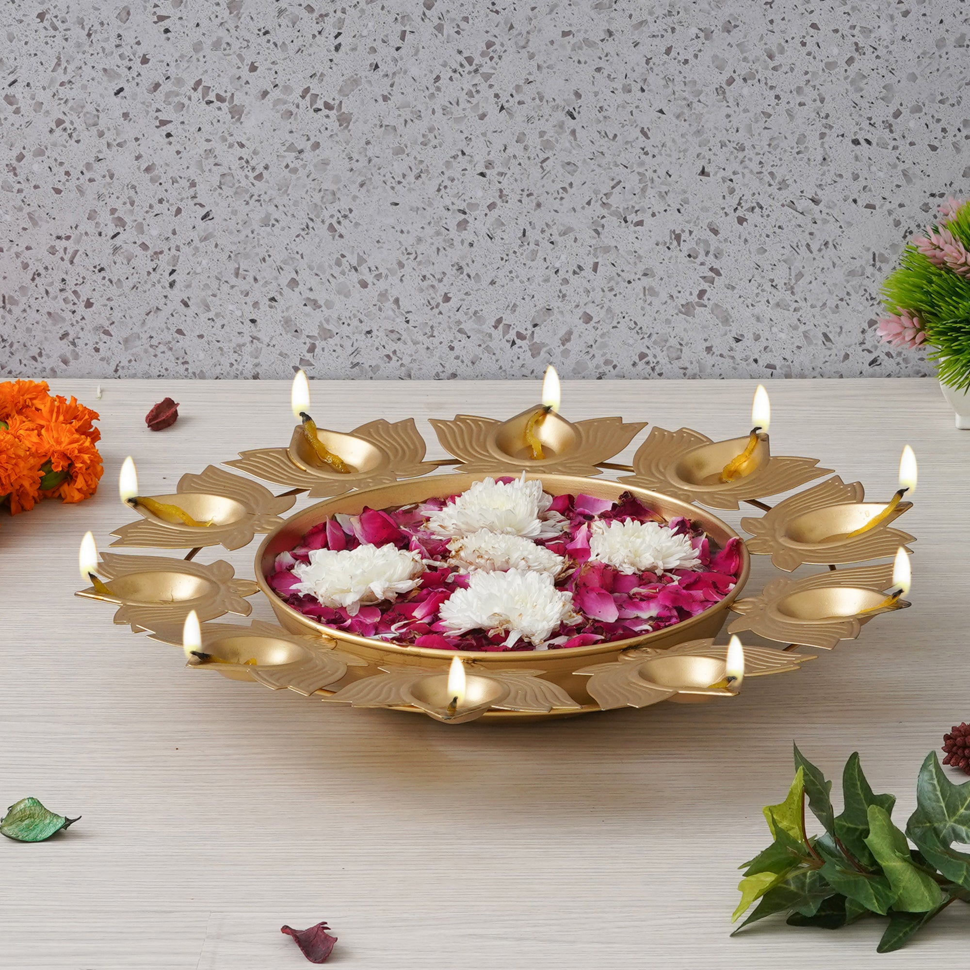 eCraftIndia Golden Metal Handcrafted Traditional Designer Urli with 9 Lotus Shape Diyas 6
