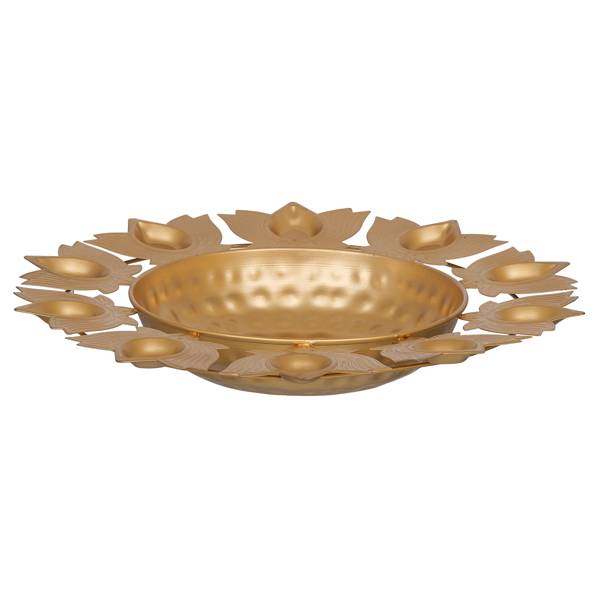 eCraftIndia Golden Metal Handcrafted Traditional Designer Urli with 9 Lotus Shape Diyas 7
